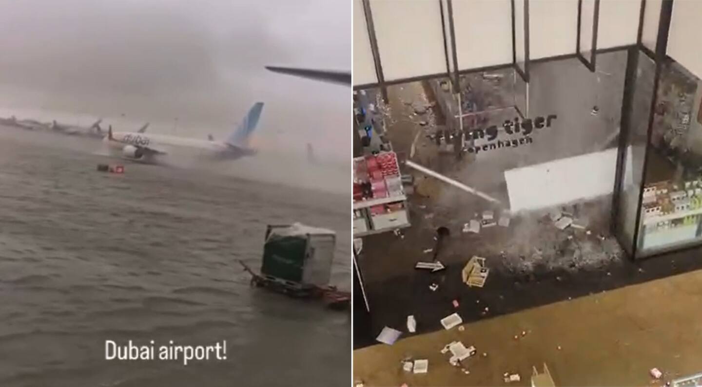 Airport runways turned into marinas and waterfalls formed in malls as Dubai was hit with deadly rainfall.