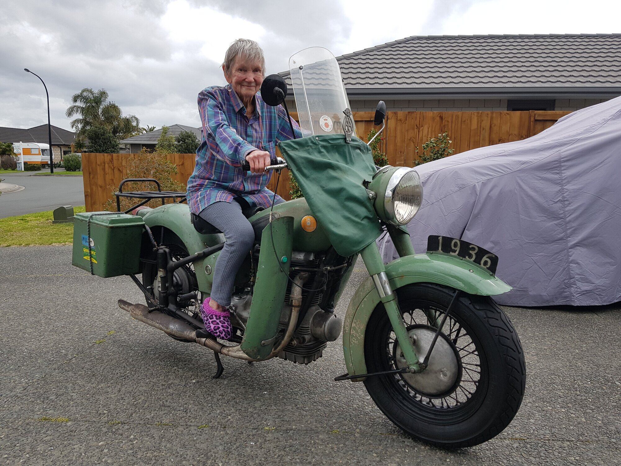  Betty Gilgen on a motorbike in 2019, aged 93. Photo / Supplied