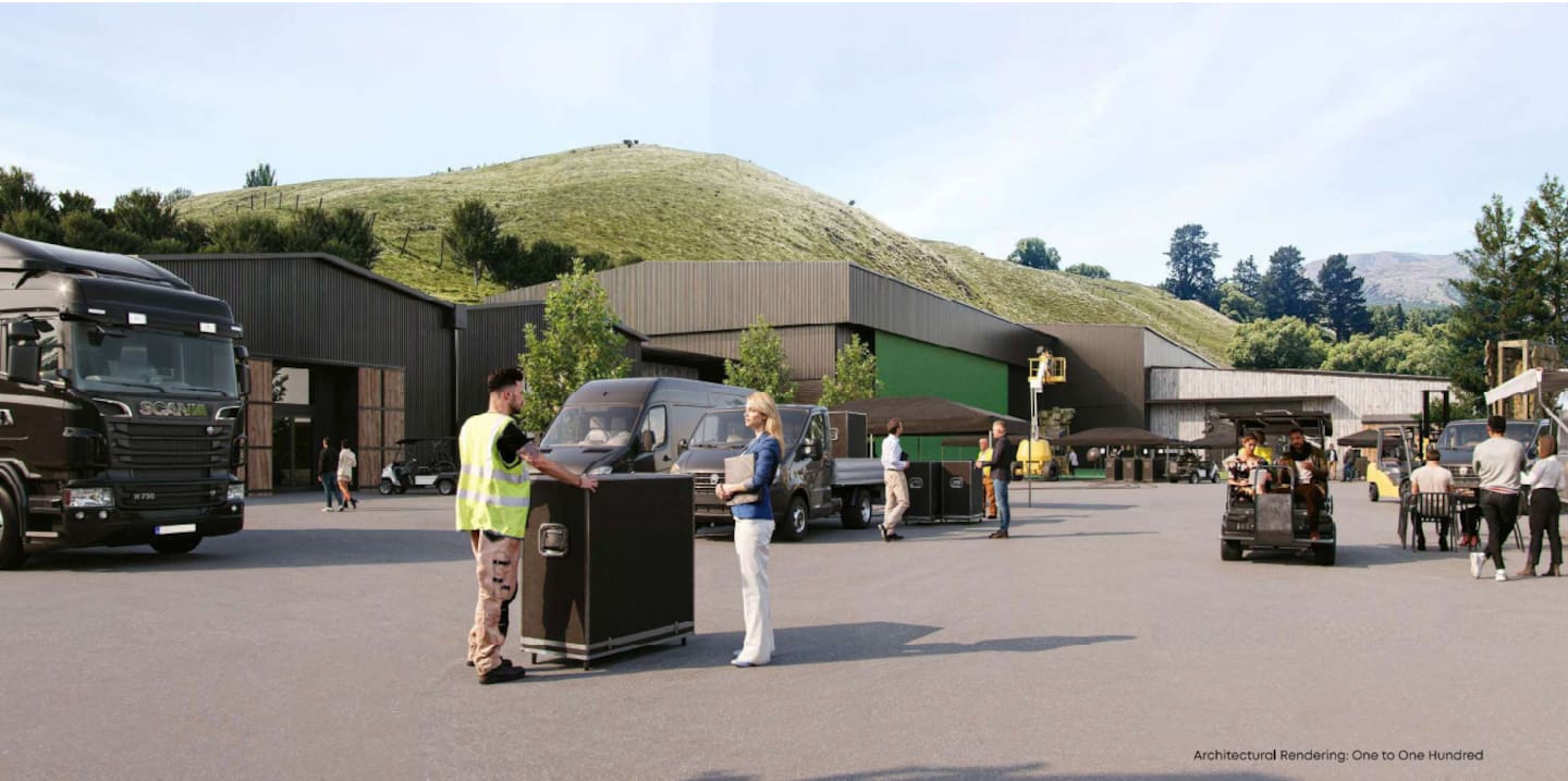 The Ayrburn Screen Hub would include two sound stages and production facilities on a 26ha site near Speargrass Flat. Image / Supplied