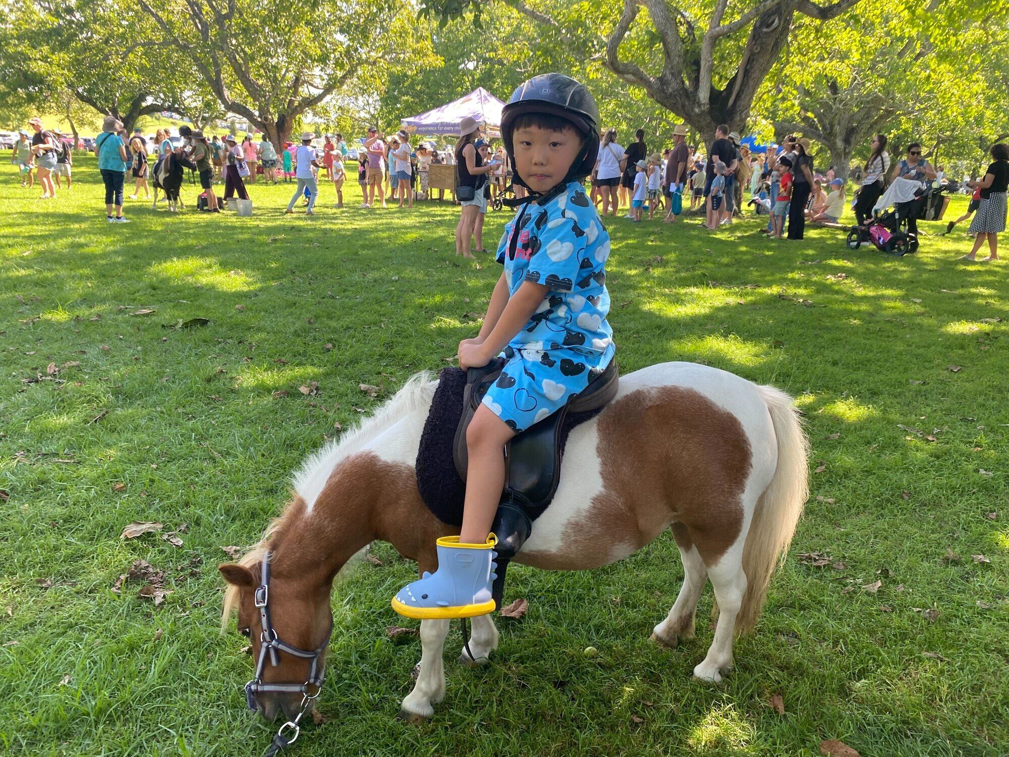  Lucas Liu, age 5, riding a horse from Sam&rsquo;s Farmyard. Photo / Rosalie Liddle Crawford