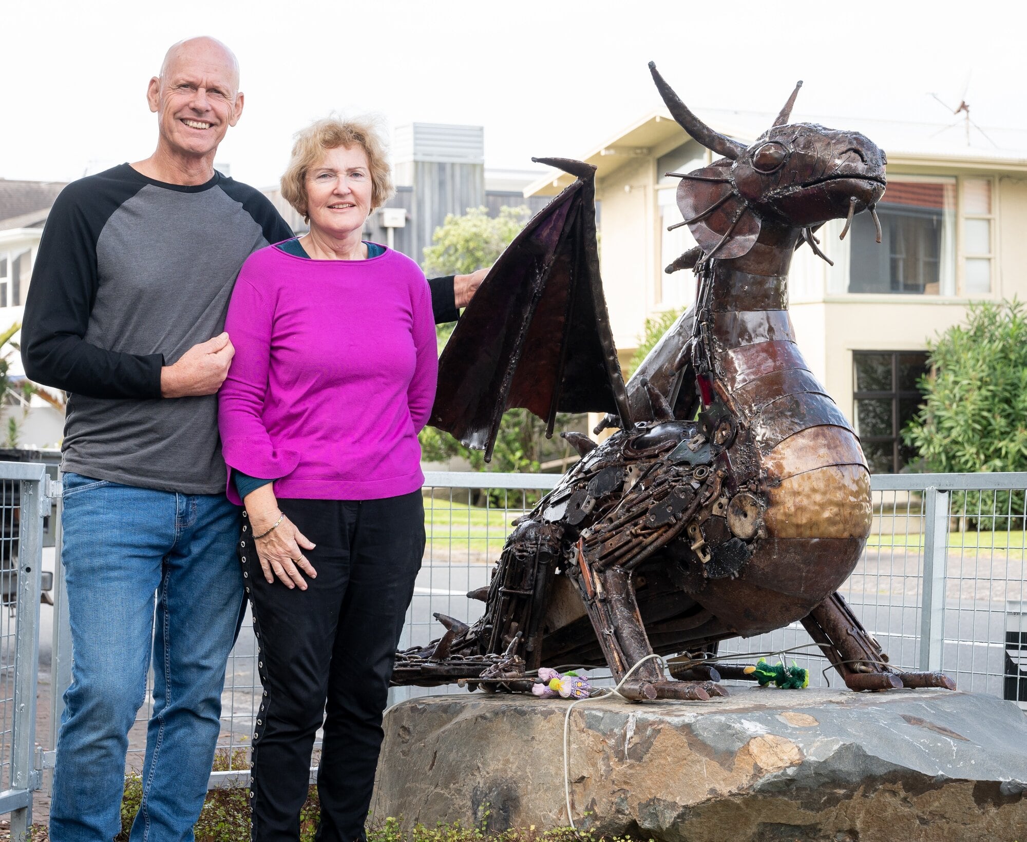  Dragon sculpture owners Graham and Carol Foote in Commons Ave. Photo / Brydie Thompson