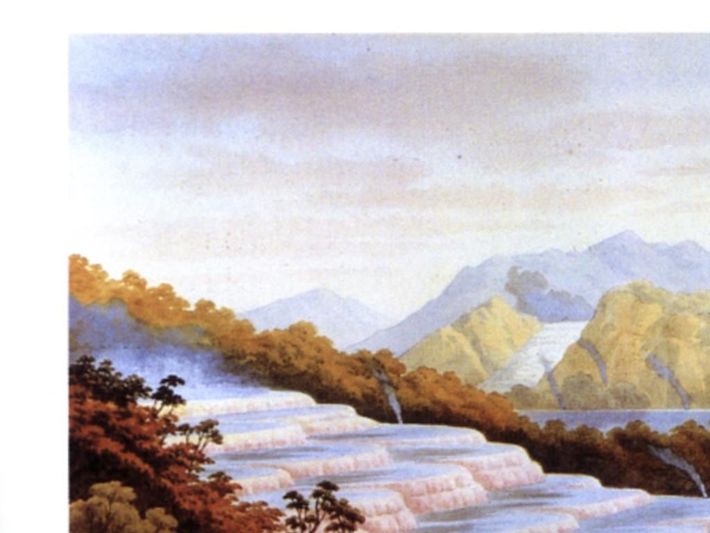 Painting of the Pink and White Terraces by John Barr Clarke Hoyte, before Mt Tarawera erupted in 1886.