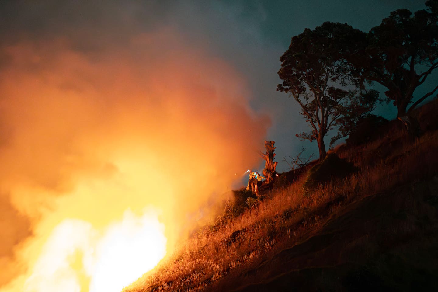 Dozens of firefighters were sent to help put out a fire on Māngere Mountain in South Auckland. Photo / Hayden Woodward