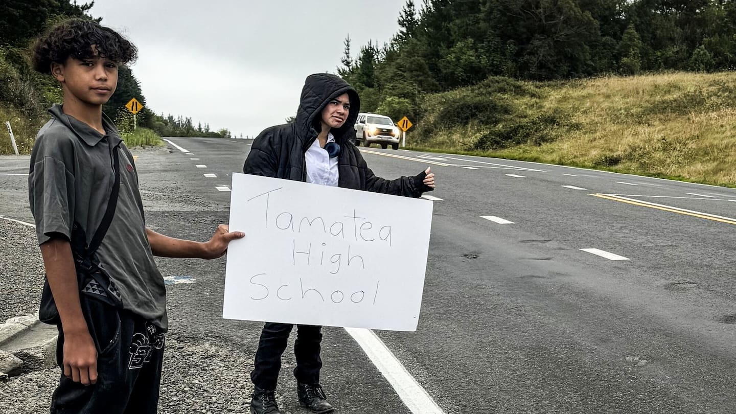 Chamon Brown, 15, and Laa Brown, 16, hitchhiking to Tamatea High School from SH2 after their school bus route was terminated at the end of 2024. Photo / Mike Brown