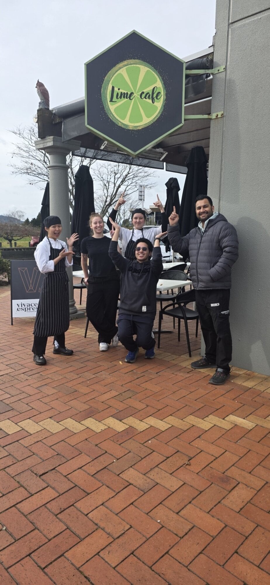 Lime Cafe's Ning Natvaly, Kelsey O'Connor, Hannah McGovern, John Paul Tolentino, Rohan Jalota – the head chef and toastie creator. Photo / Supplied