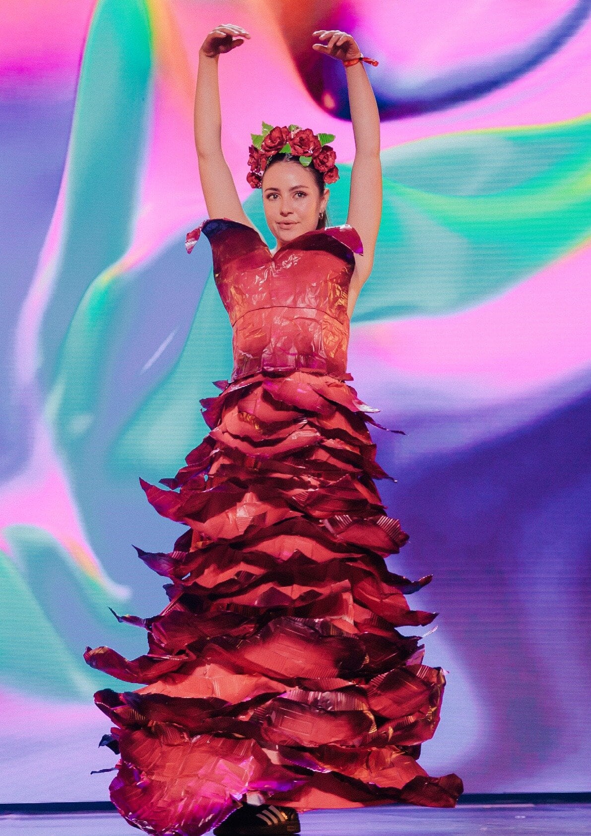  Showquest 2024 national finalist Zo-Beth Naisby from Waihi College who used recycled school lunch containers to create a rose dress symbolizing eternal love after giving these aluminium containers a longer life, making them also timeless. Photo / Chontalle Musson