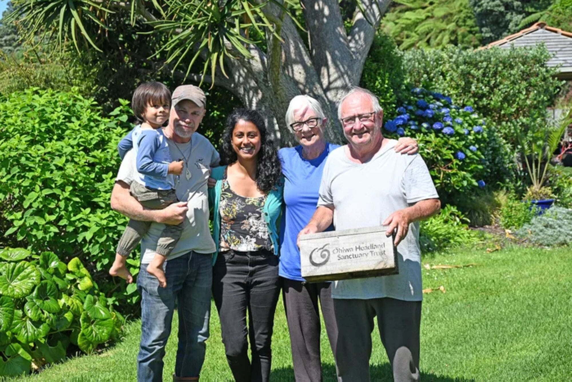 Trust members Andrew Glaser with Arjay, Mithuna Sothieson and volunteers Judy Lewis and Ross Pierson. Photo / Paul Charman
