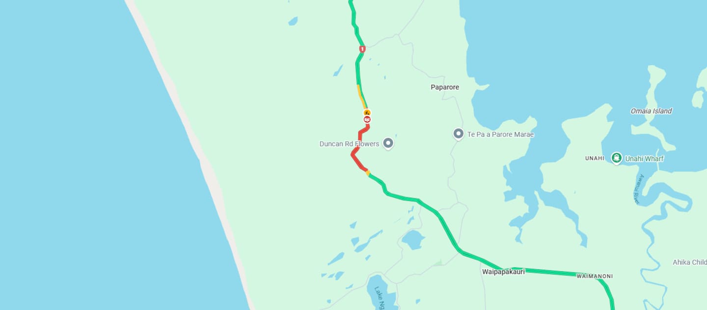 Both lanes on SH1 near Ogle Drive are blocked as a result of the crash. photo / Google