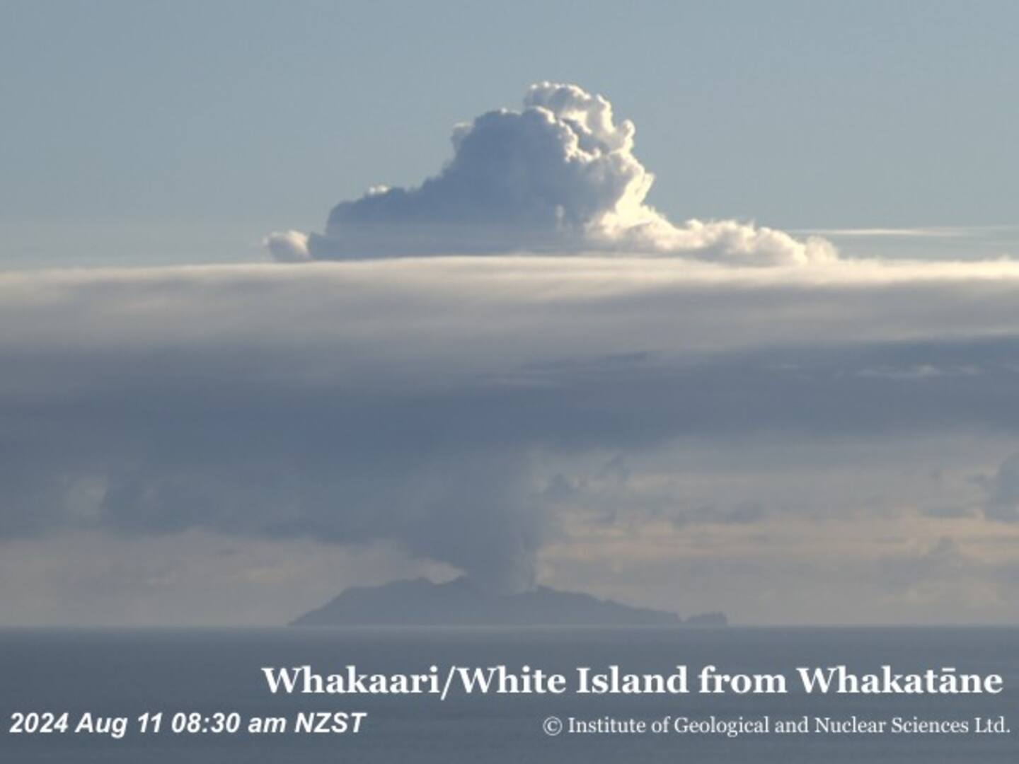 Webcam image of Whakaari/White Island viewed from Whakatāne on Sunday. Photo / GNS Science