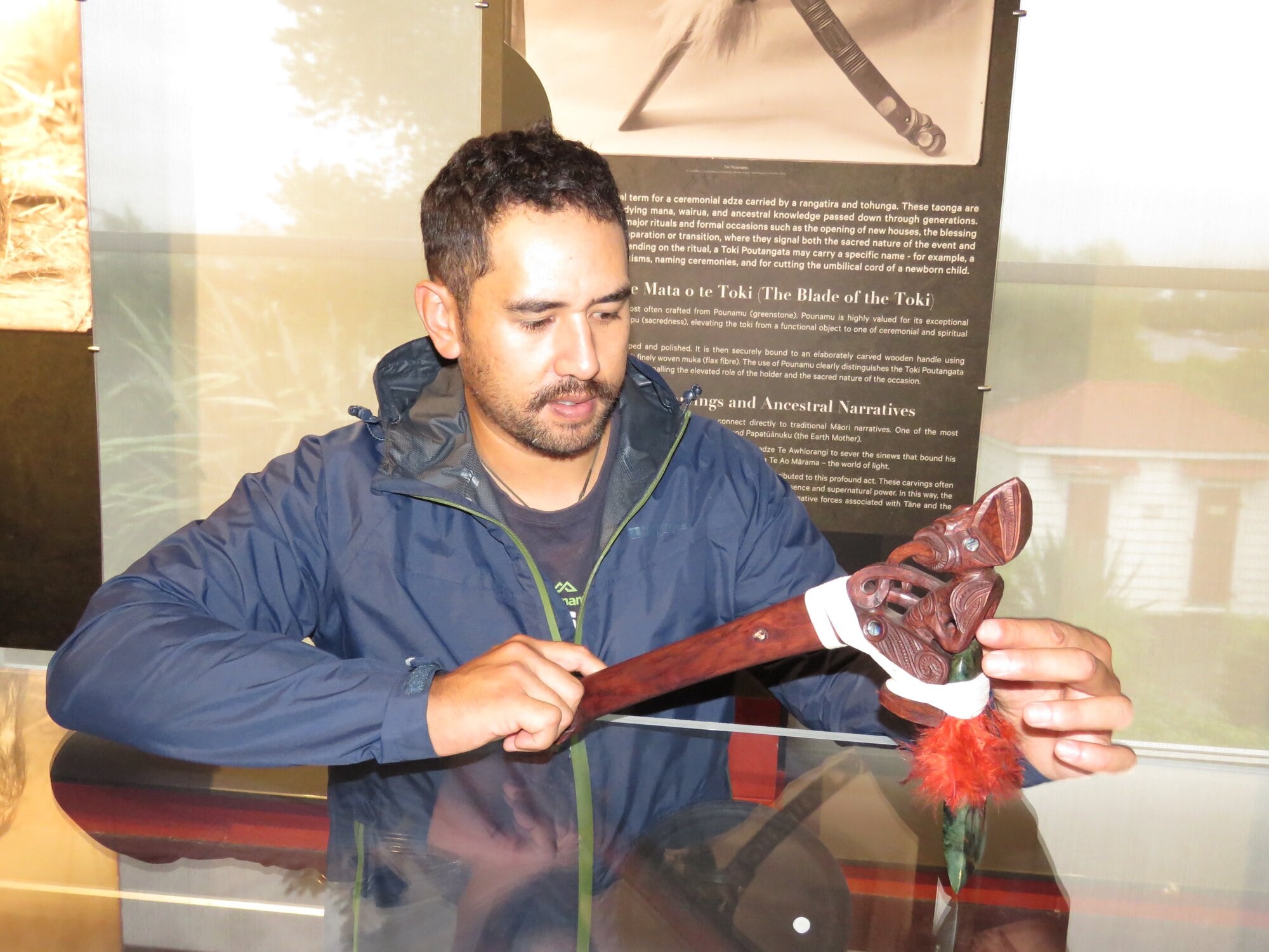  Hingangaroa Smith with father Takirirangi Smith&rsquo;s Toki Poutangata, inside Western Bay Museum. Photo / Merle Cave
