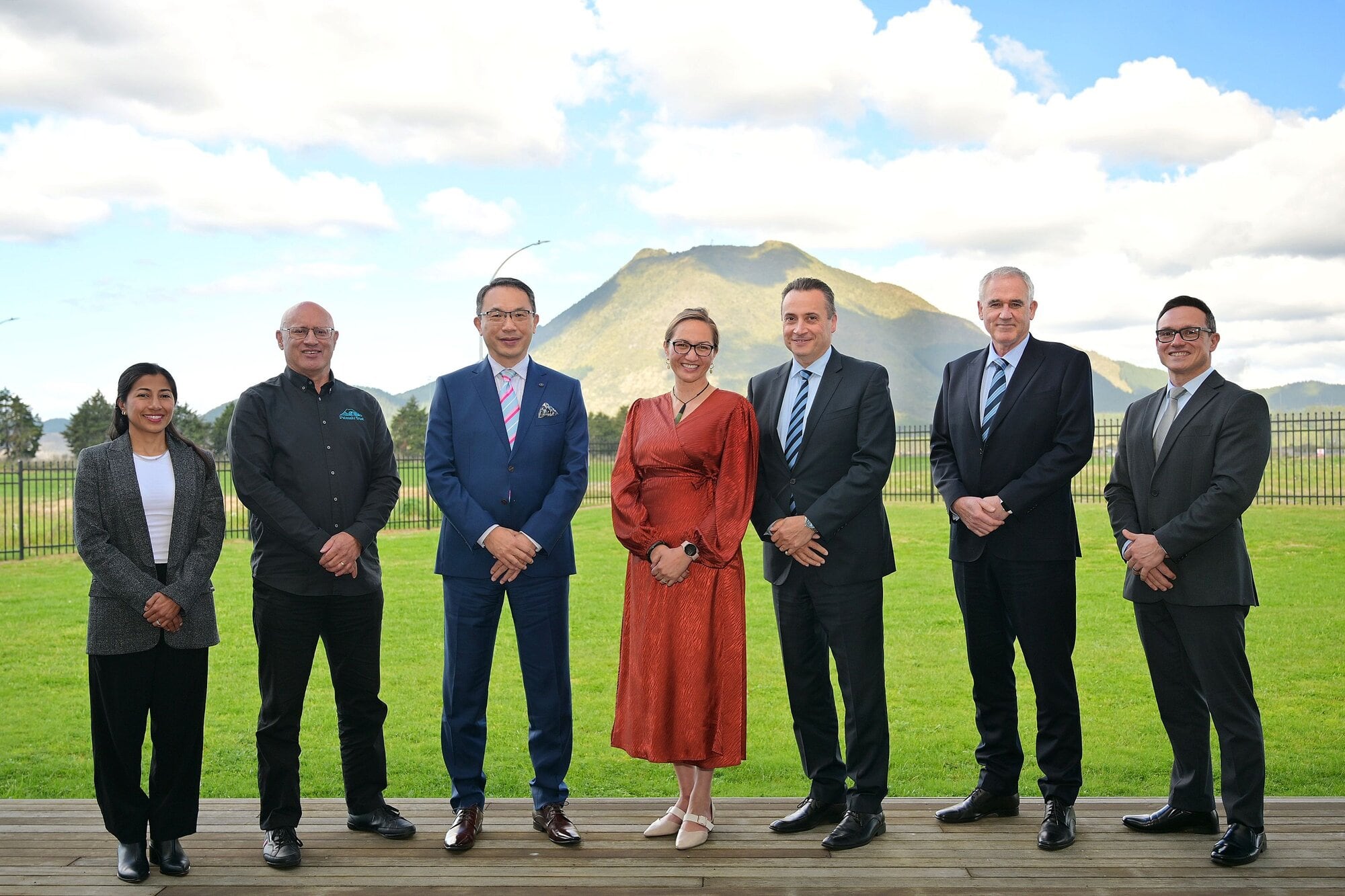  Foresta directors and senior management met with Putauaki Trust chief executive John O’Brien and Kawerau Mayor Faylene Tunui in Kawerau last month. The team included head of project development and delivery Alex Johnson, executive chairman Henry Chang, executive director Maurice Fabiani, business development manager Dean Ormond and supply chain manager Rafael Moradei. Photo / Troy Baker