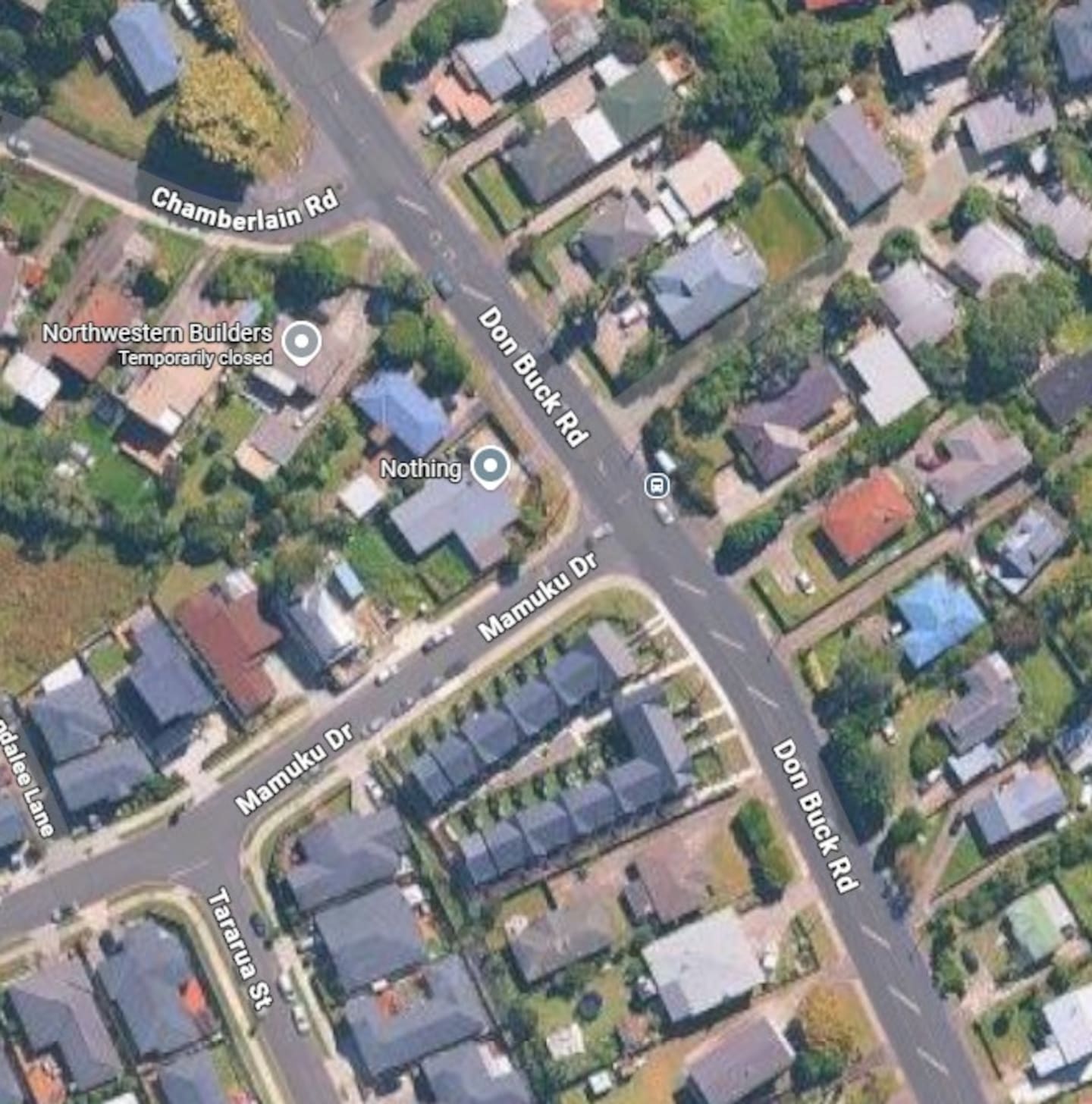 The teenage girls were waiting at a bus stop on Don Buck Rd opposite Mamuku Dr, in West Auckland, when one of them was attacked. Photo / Google Maps