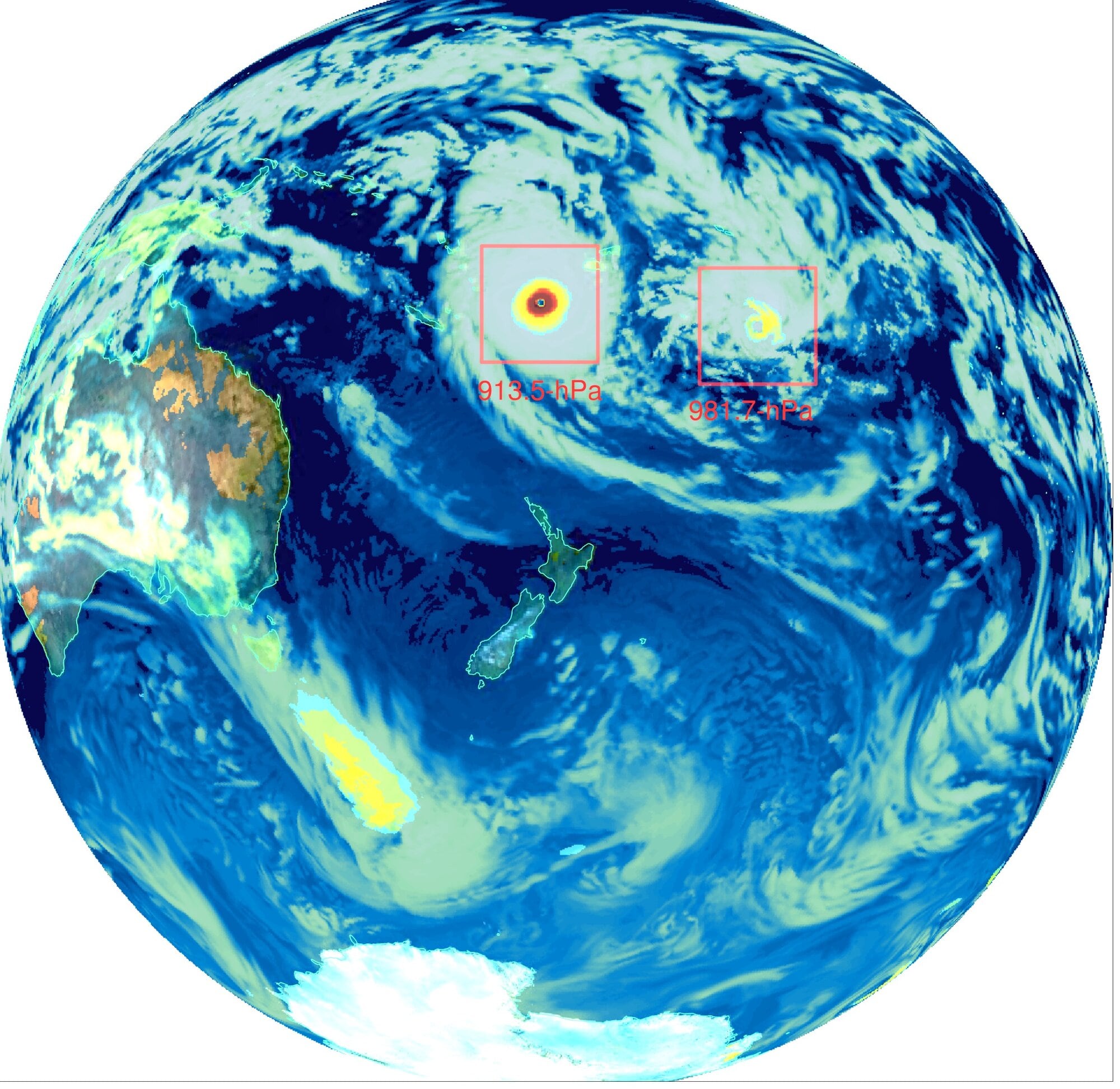  Snapshot of the strongest tropical cyclone (category 5) simulated over the historical period across all downscaled simulations (noting that this does not correspond to a real-world event). Image / Earth Sciences New Zealand