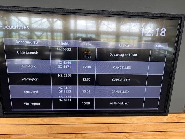  Flight cancellations on the departure board at Tauranga Airport on Monday, November 24. Photo / Luke Bradford