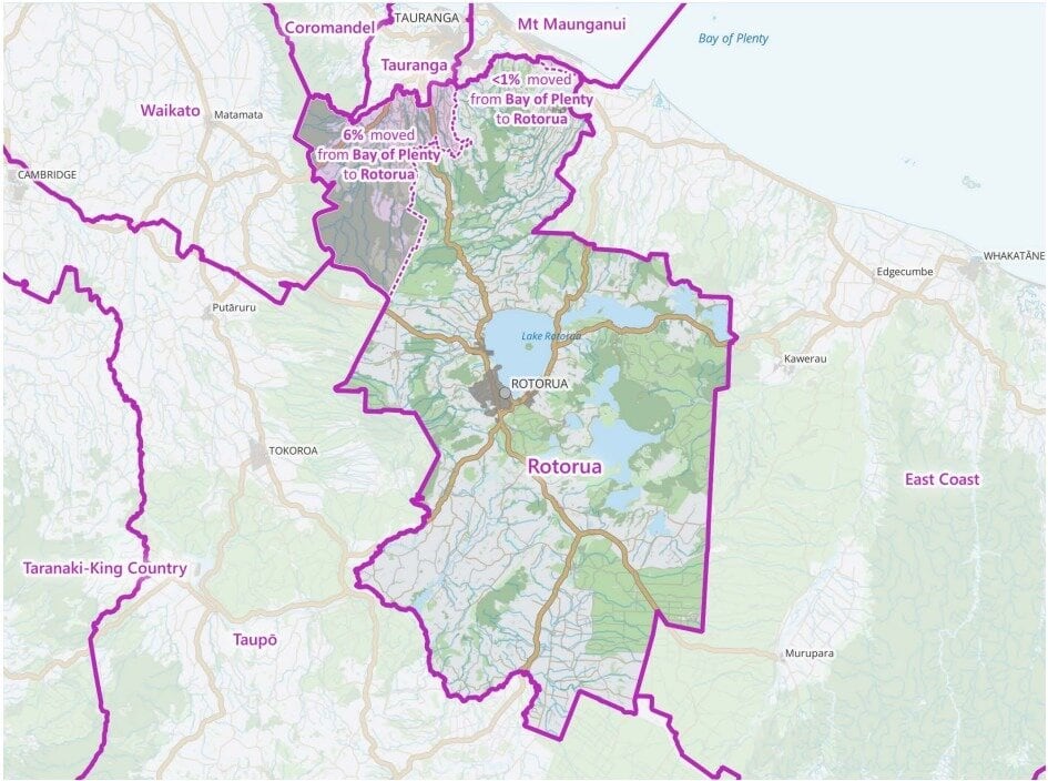 How the proposed electorate changes would affect the Rotorua electorate. Graphic / Representation Commission