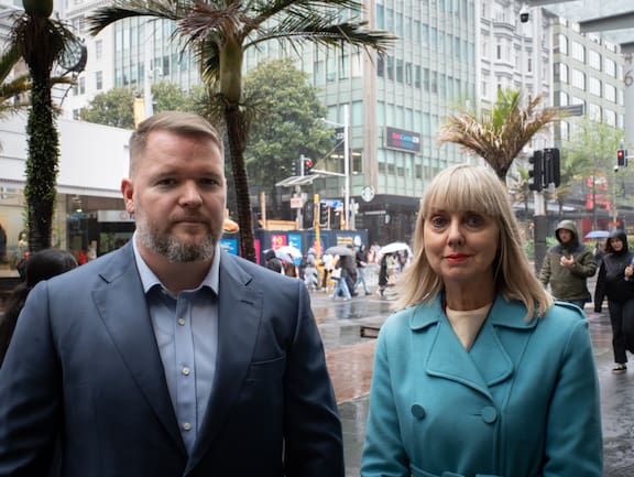 Perpetual Guardian chief executive Patrick Gamble (left) alongside Heart of the City chief executive Viv Beck. Gamble says multiple staff in their Queen Street offices have been assaulted and abused coming and going from work. Photo / Anna Heath