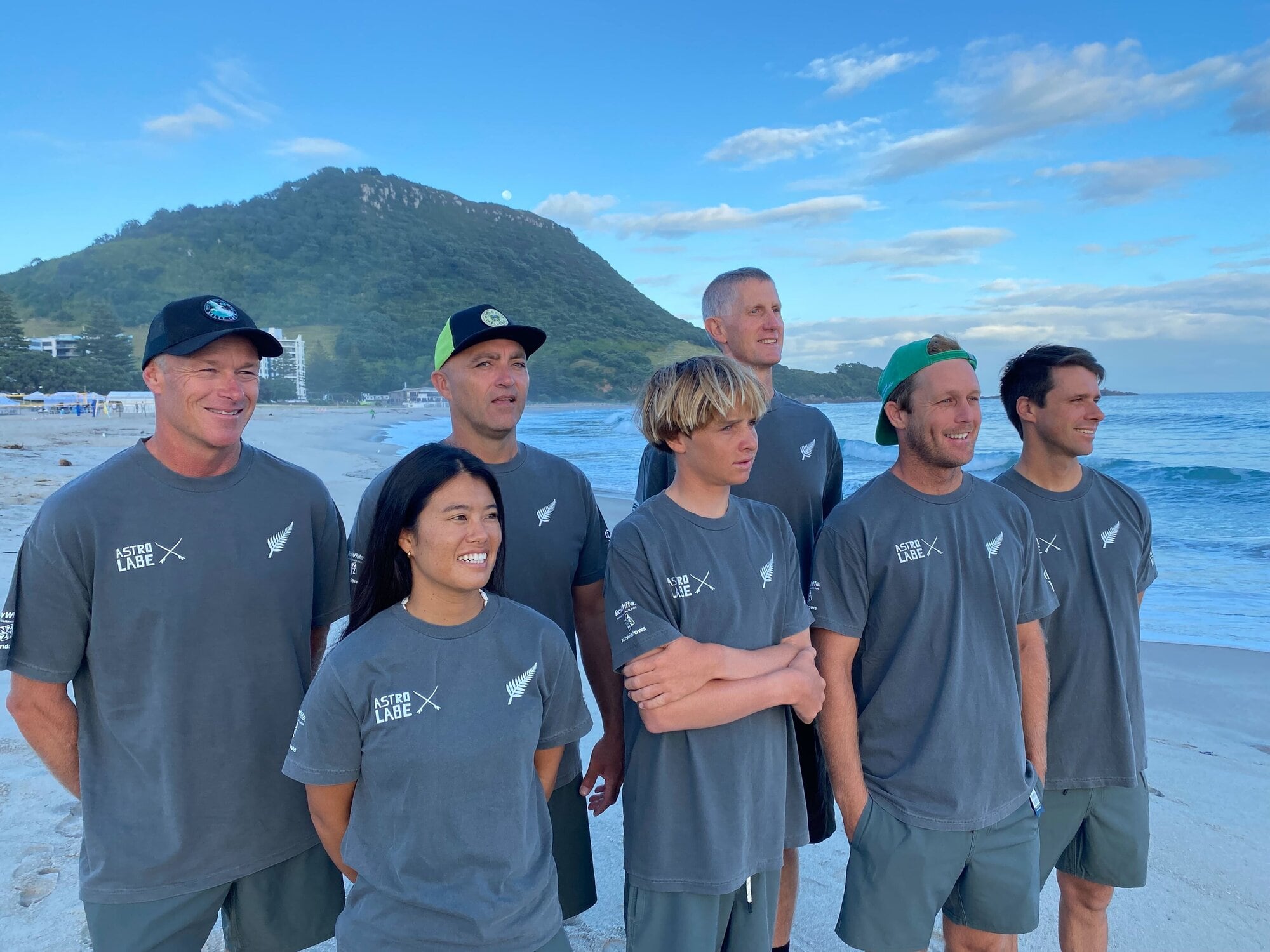 Bay Boardriders cub surfers competing in the Gold Coast this weekend are surfers Owen Barnes, Hinako Kurokawa, Bay Boardriders president James Jacobs, surfer Sol Frichley, team manager Bruce Tod, and surfers Tim O’Connor and Alex Dive. Photo / Rosalie Liddle Crawford