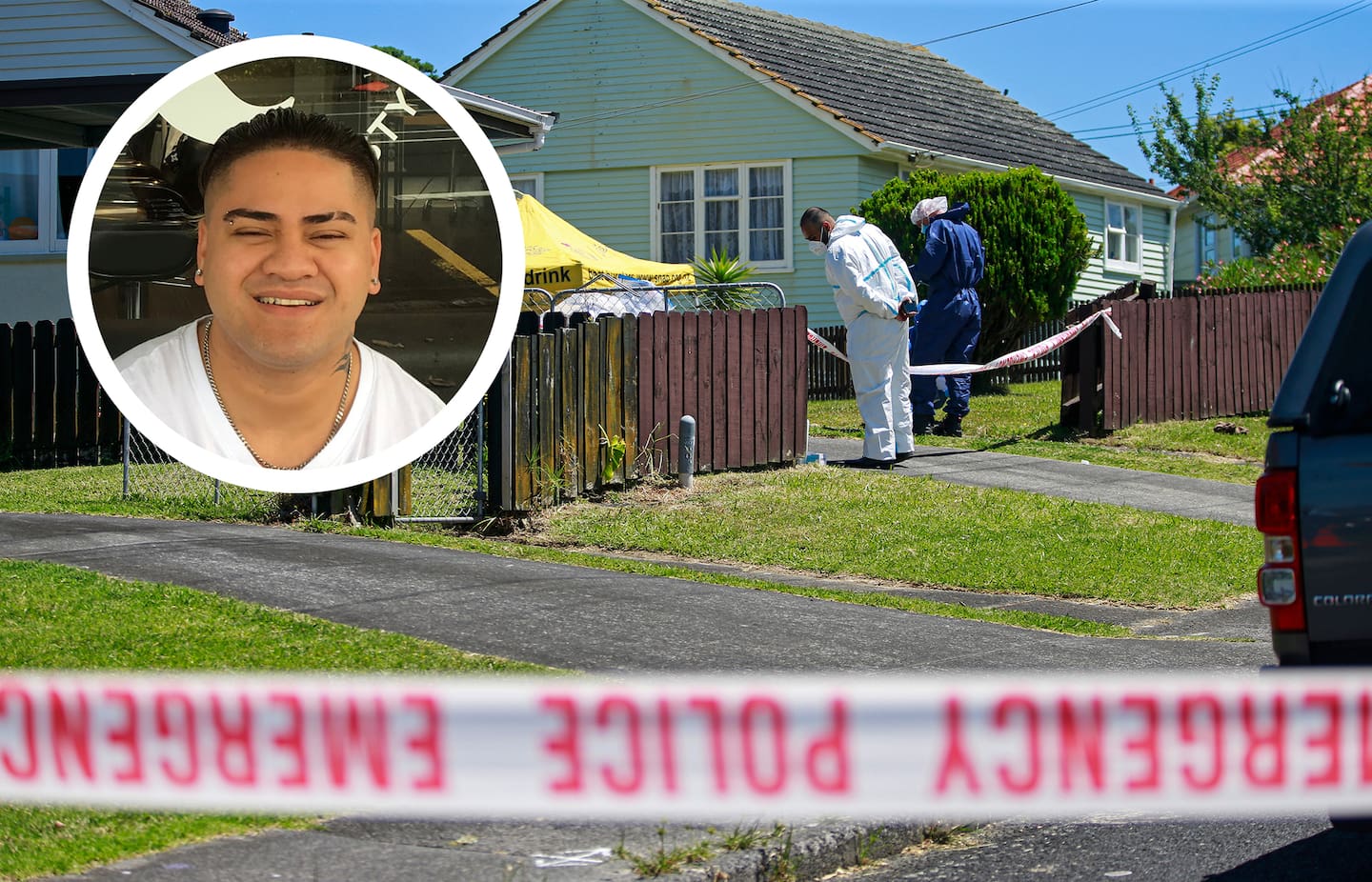 Brian James, 23, (inset) was shot dead at a Glass Rd address in Mt Roskill, Auckland. Apisaloma Timoti, 36, and Angelo Junior Thomen, 45, have now been sentenced for his manslaughter. Photo / Alex Burton