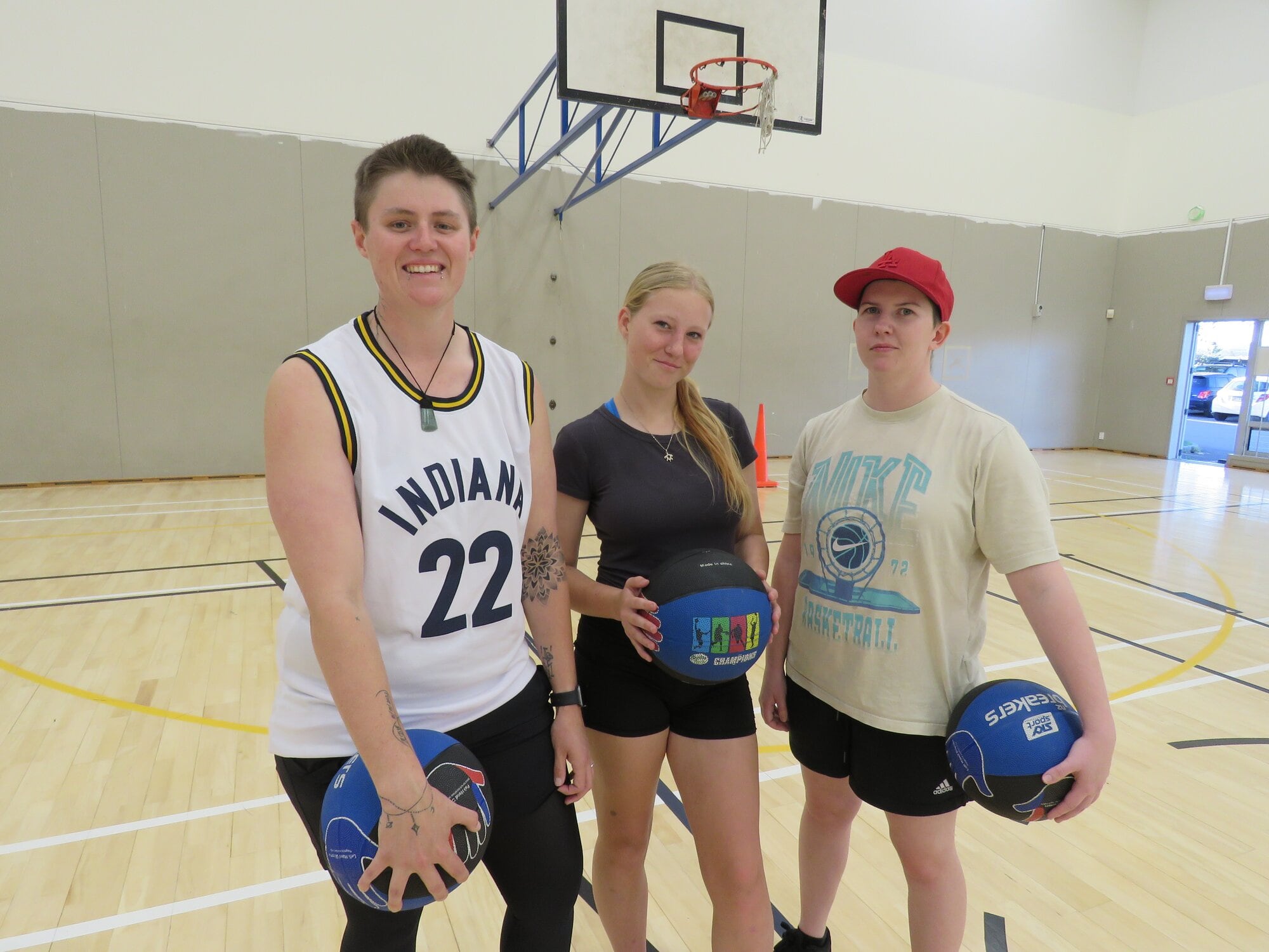  Sheanna Chadwick, youth player Chloe Allen, and Maddy Kilford at the first girls’ basketball session at the Action Centre for Years 6-12 on October 16. Photo / Merle Cave