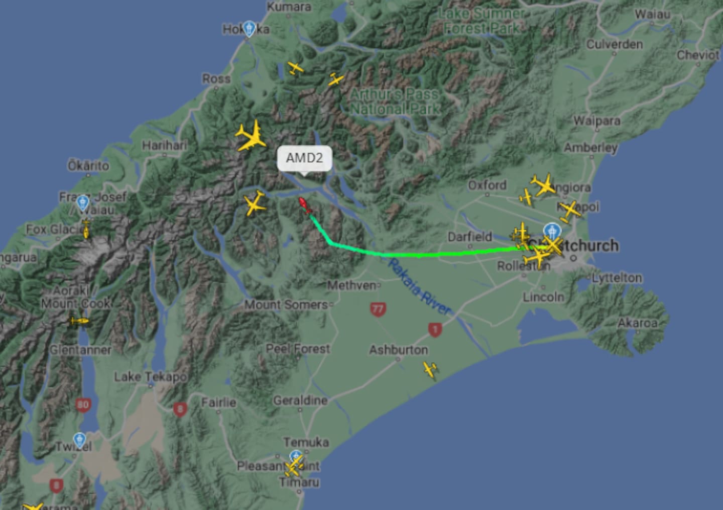The Canterbury West Coast Air Rescue helicopter headed to the Mt Arrowsmith area in the Southern Alps after reports of an avalanche. Photo / Flightradar24