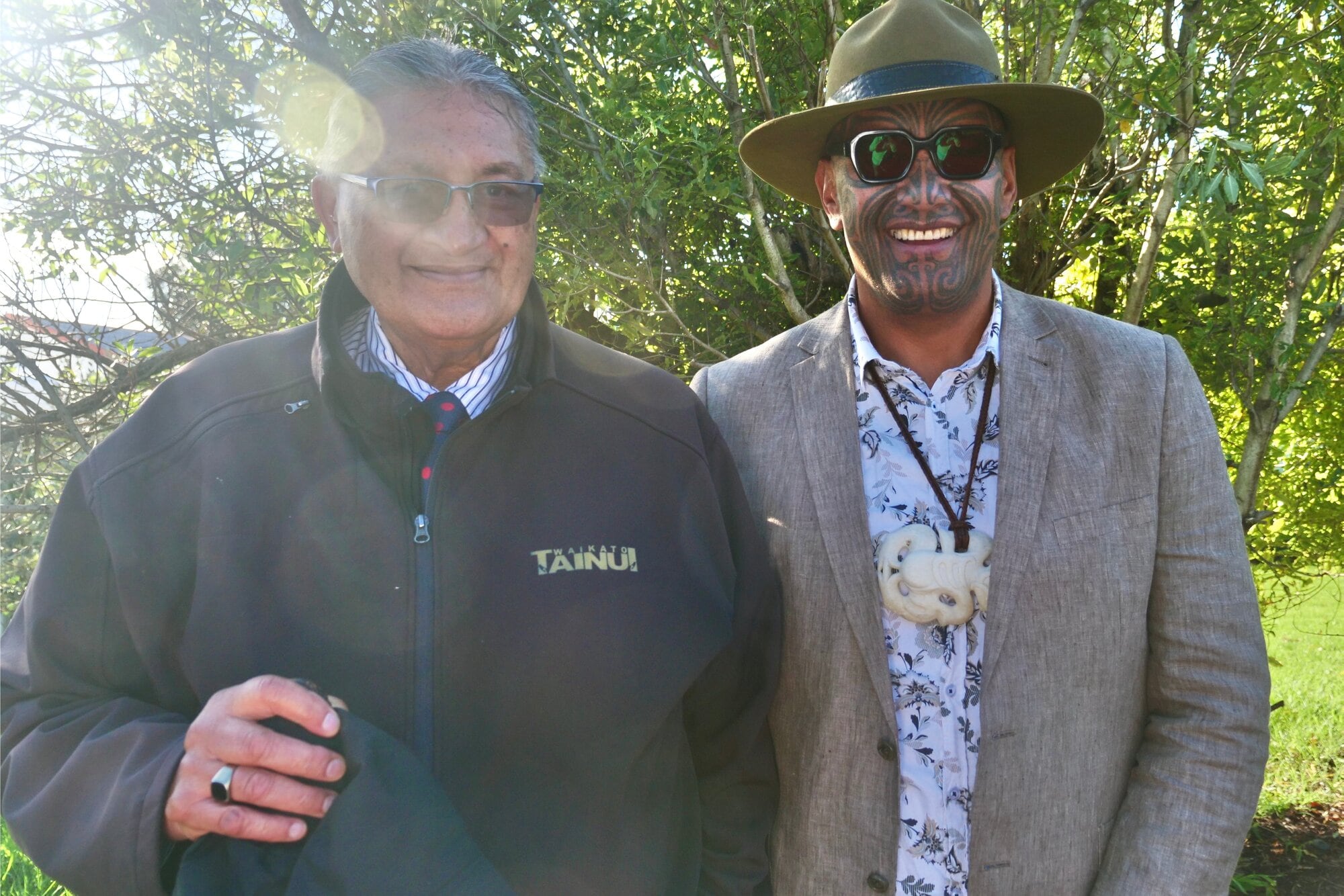 Tainui kaumātua Tom Moana and Te Pāti Māori col-leader Rawiri Waititi at the poukai. Photo / Tom Eley