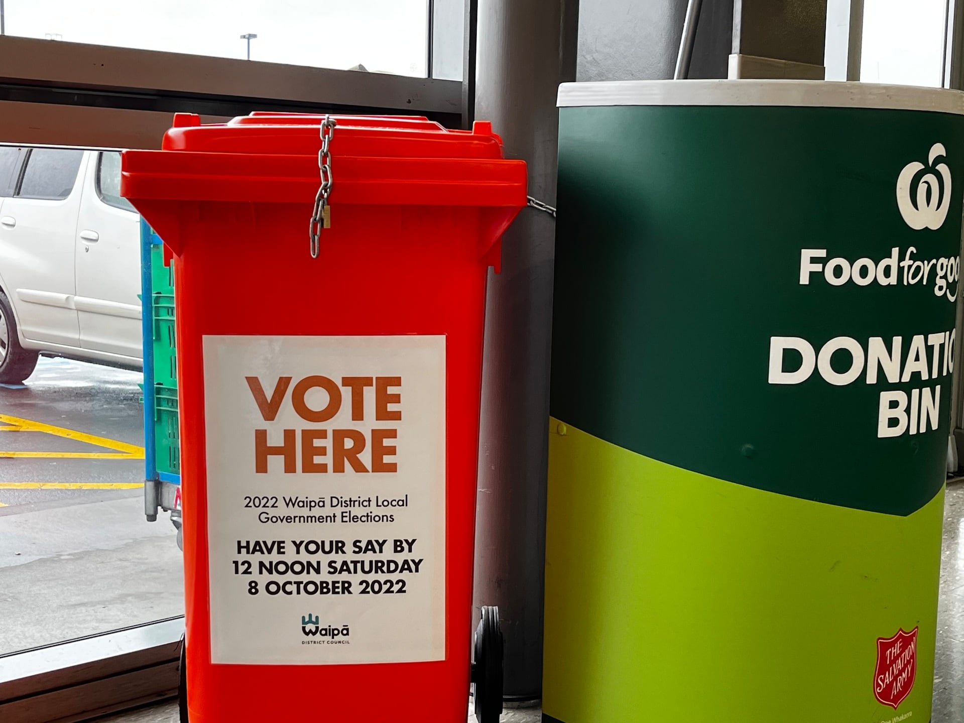 Voting bins, like this one from Waipā, were located at supermarkets, libraries and council offices to make voting easier. Photo / Kate Dutrie