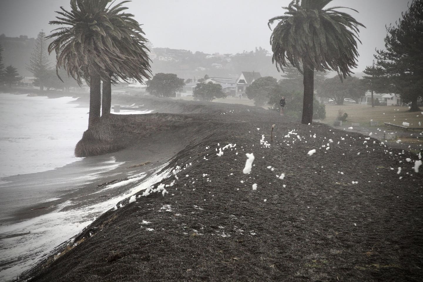 Sea foam flies over pea-bund banks designed to help prevent storm surge in Westshore, Napier. Photo / Warren Buckland