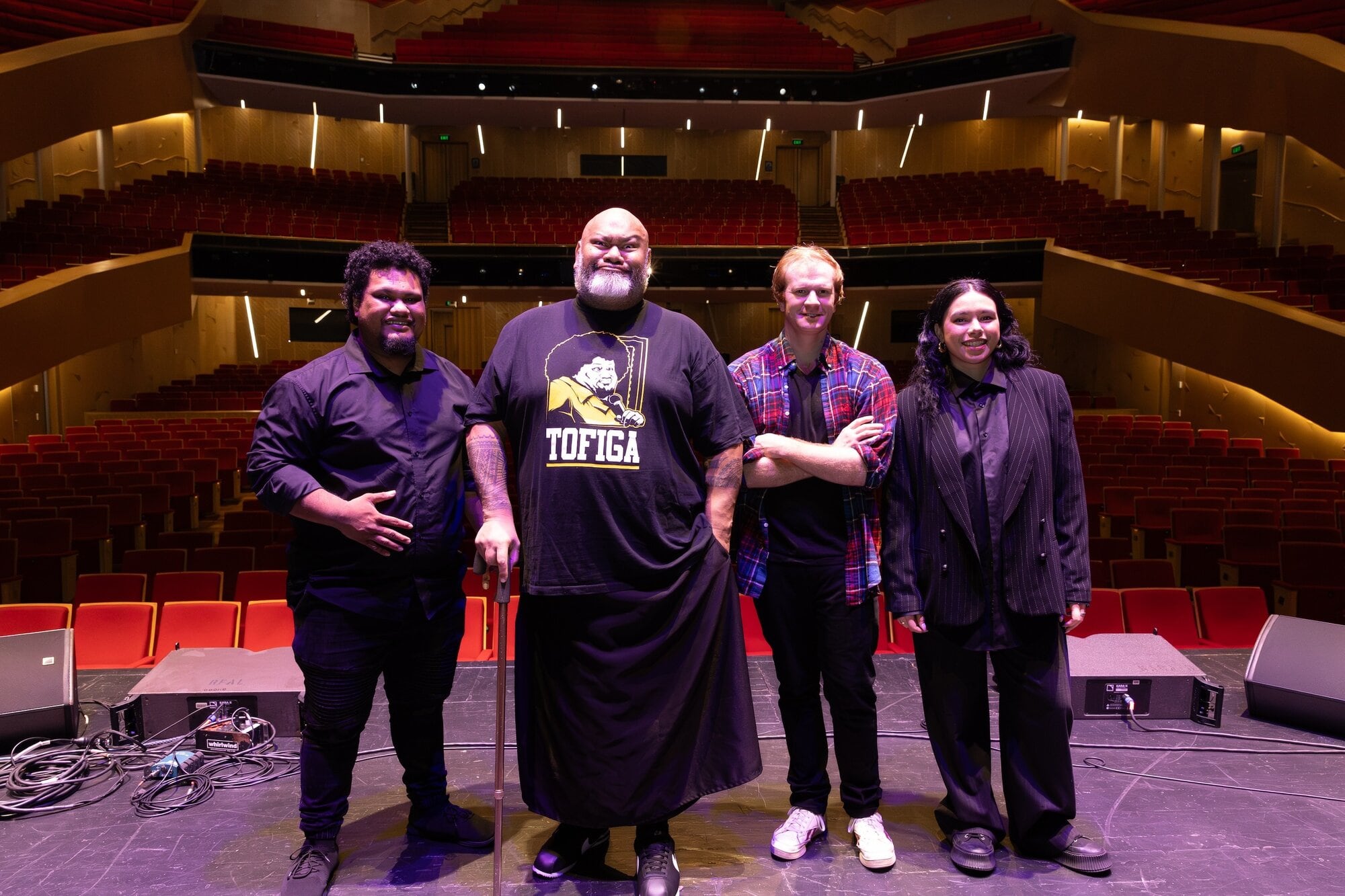 Tofiga’s son Rana, Tofiga Fepulea’i, and comedians Courtney Dawson and Hoani Hotene. Photo / Supplied