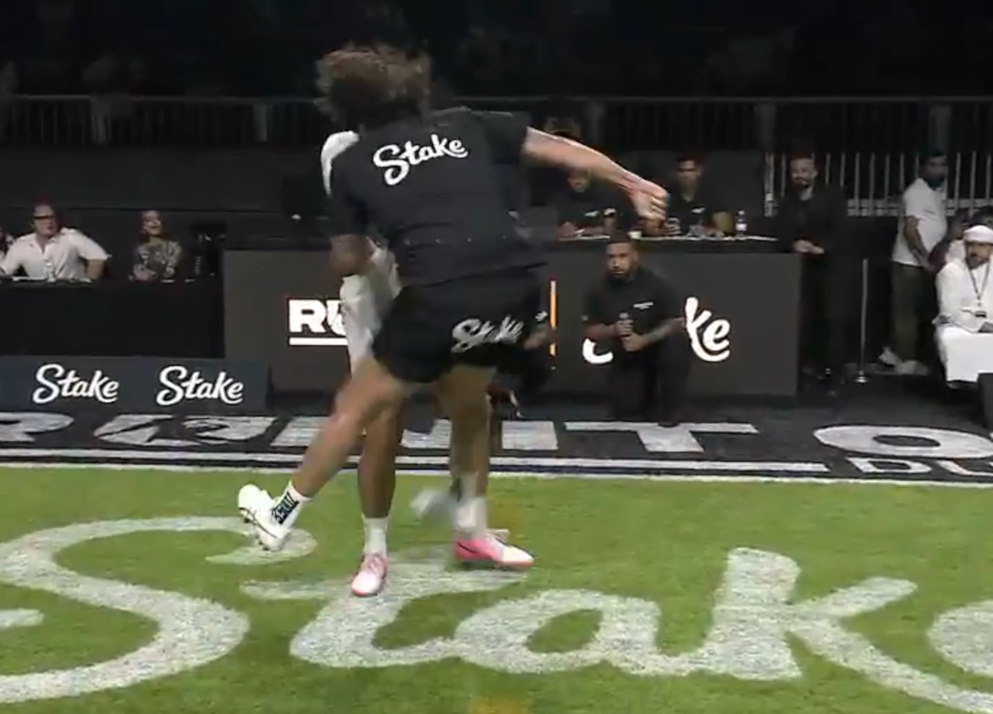 Former Kiwis player Kevin Proctor went flying during a recent Run It Straight exhibition challenge in the Middle East. Photo / Kick