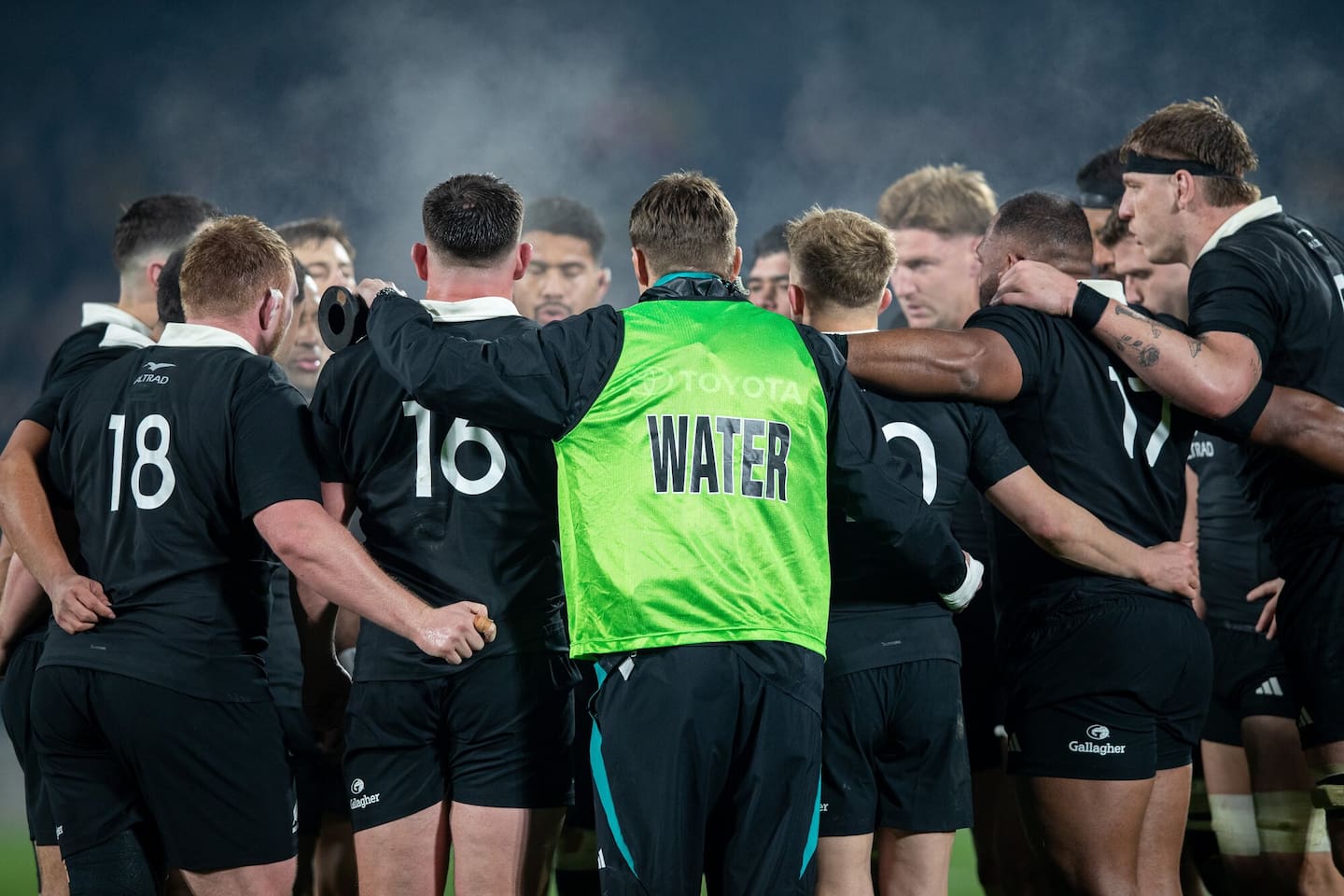 The All Blacks huddle during their test against France, in Hamilton. Photo / Alyse Wright