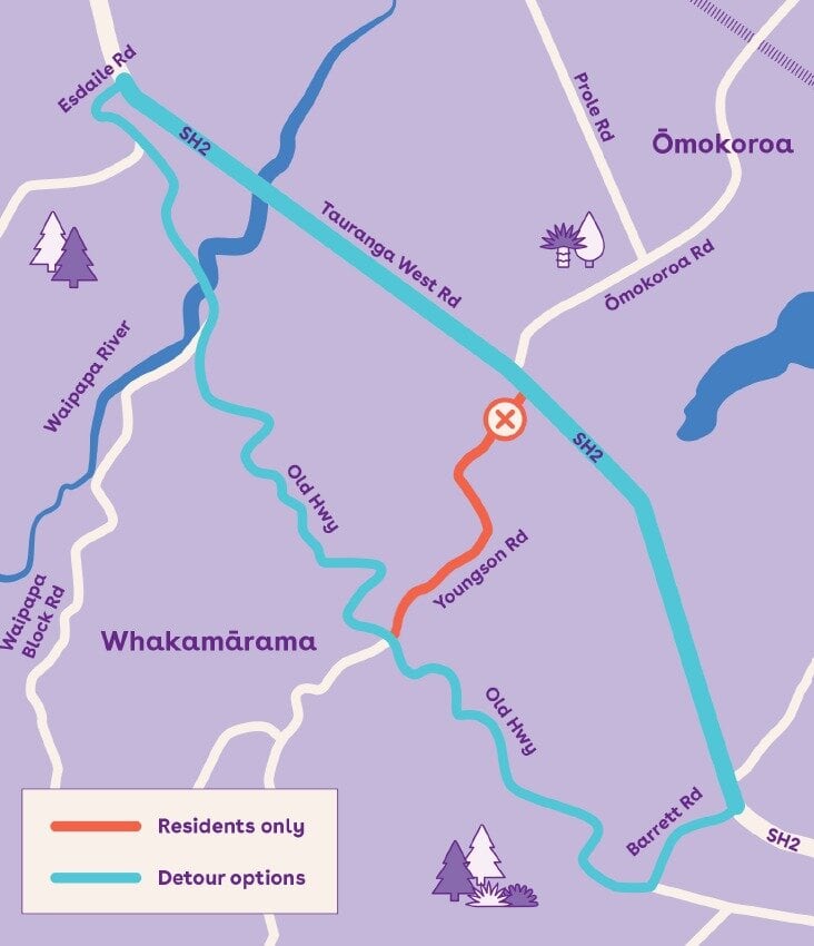  A map showing the detour route for the Youngson Rd closure. Image / Tauranga City Council