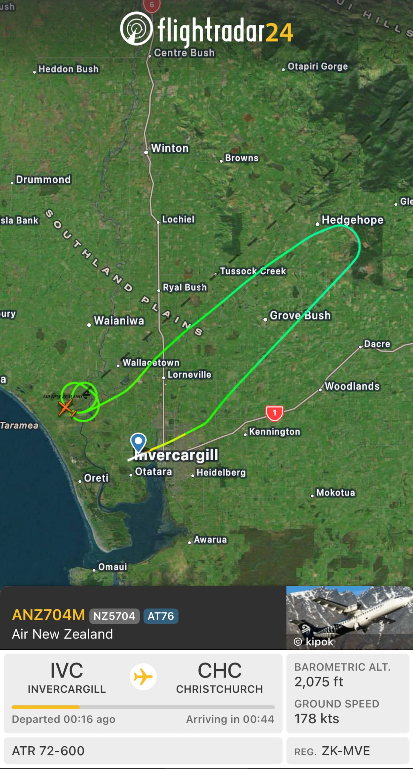 A Flight Radar 24 map shows the aircraft leaving Invercargill, only to turn back shortly after. Photo / Flight Radar 24
