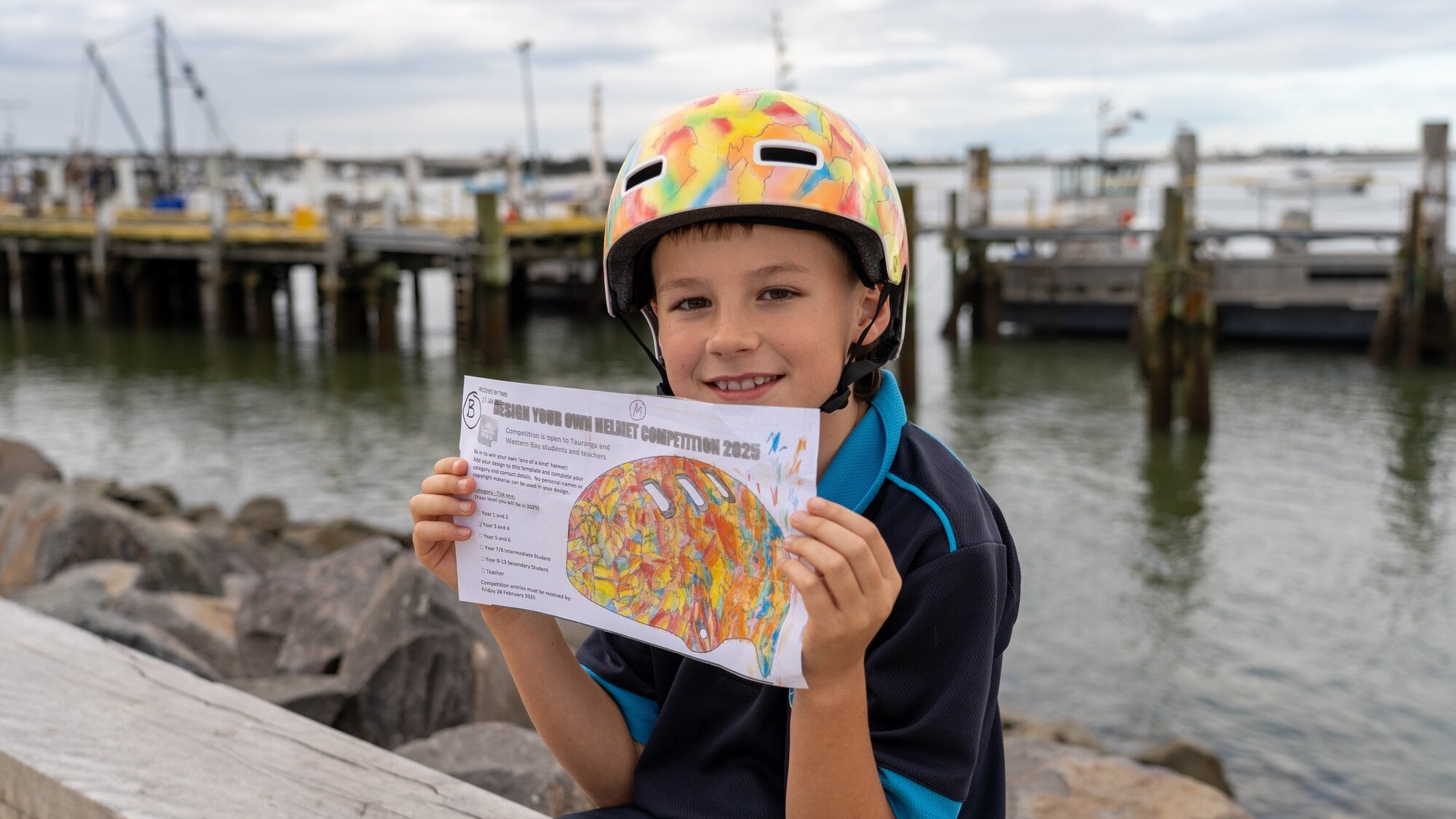 Year 4 student Lukas Philip received a huge surprise when he was presented with his winning helmet as part of Travel Safe’s ‘Design Your Own Helmet’ competition. Photo / supplied