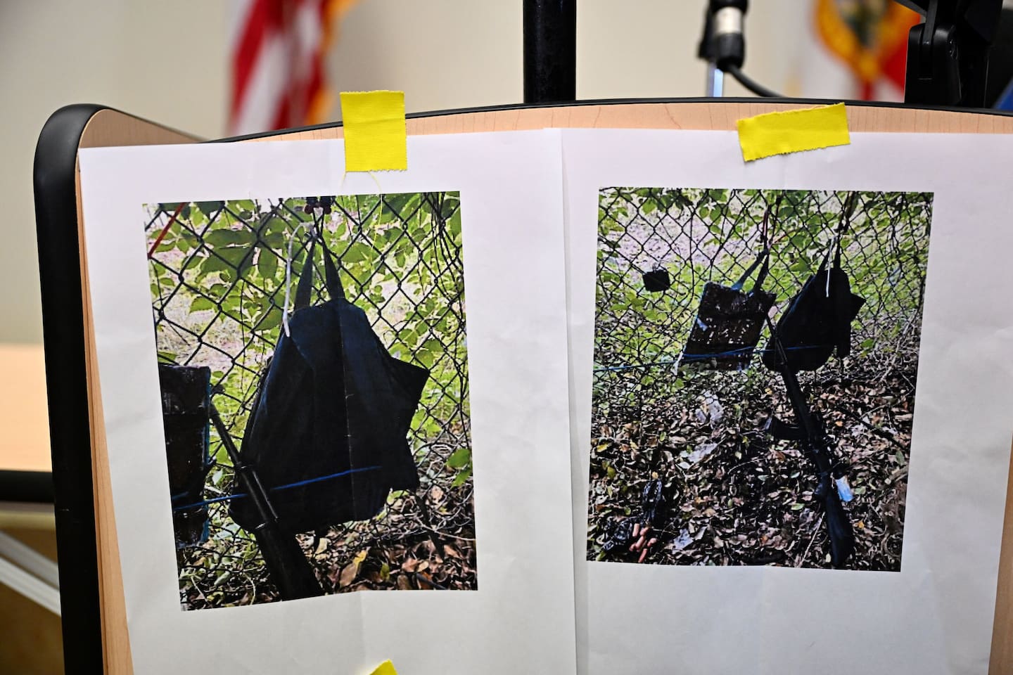 Pictures of evidence found at the fence of US president Donald Trump's golf course are shown at a press conference in West Palm Beach, Florida. Photo / AFP