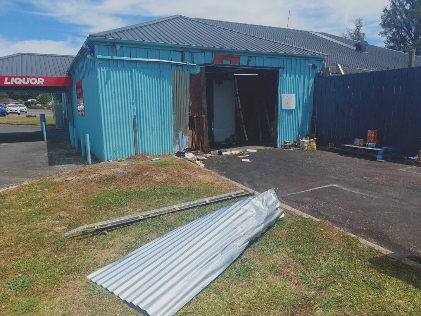 Damage at Westbrook Liquor Centre after a ram raid. Photo / Ben Fraser