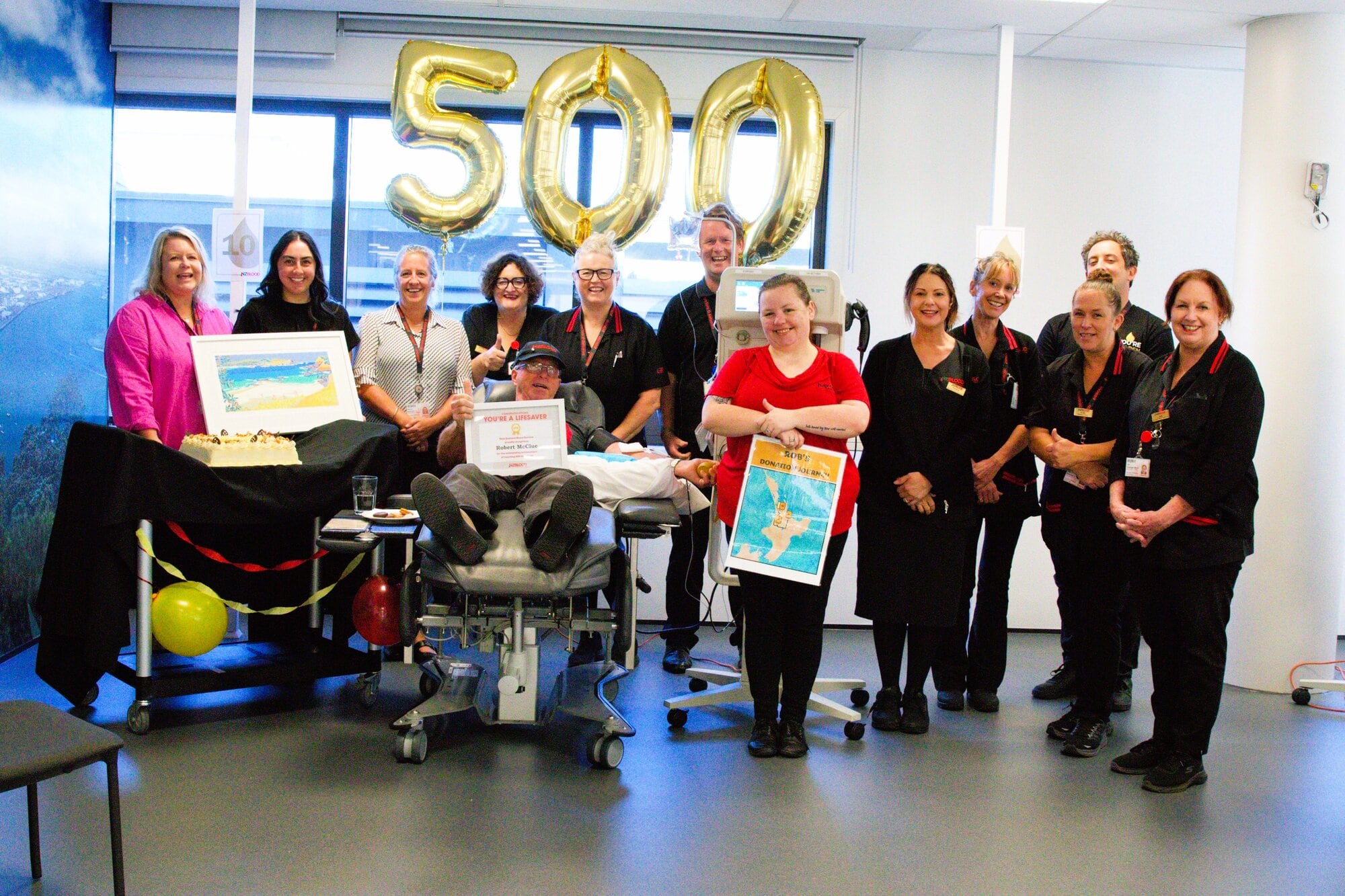  The Tauranga NZ Blood Service centre team celebrating Robert McClue&rsquo;s 500th donation.  Photo / Kelly O&rsquo;Hara