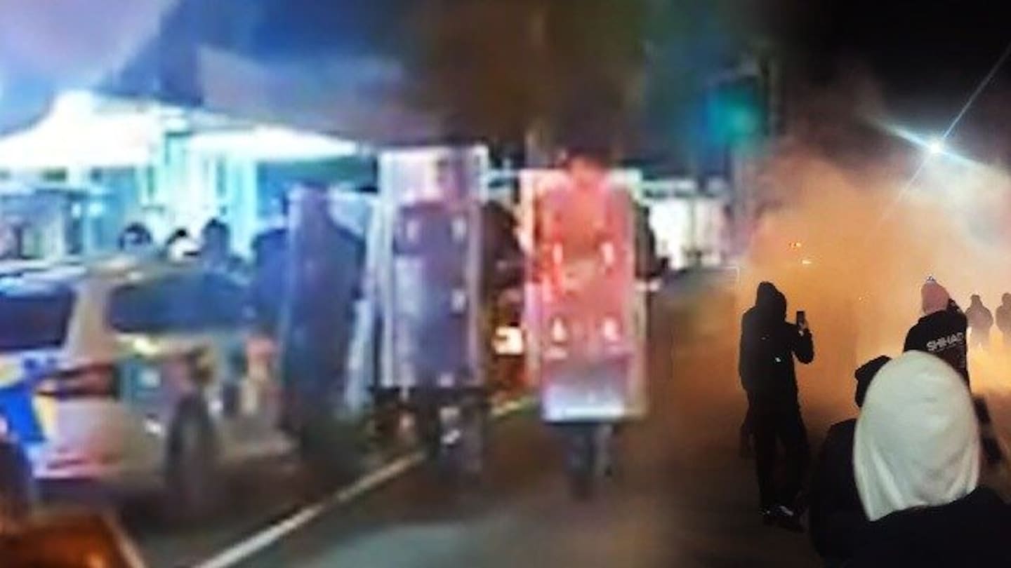 A composite image edited by the Herald of the boy racer event in Levin on May 30: Police responding in riot gear and crowds watching burnouts and skids.