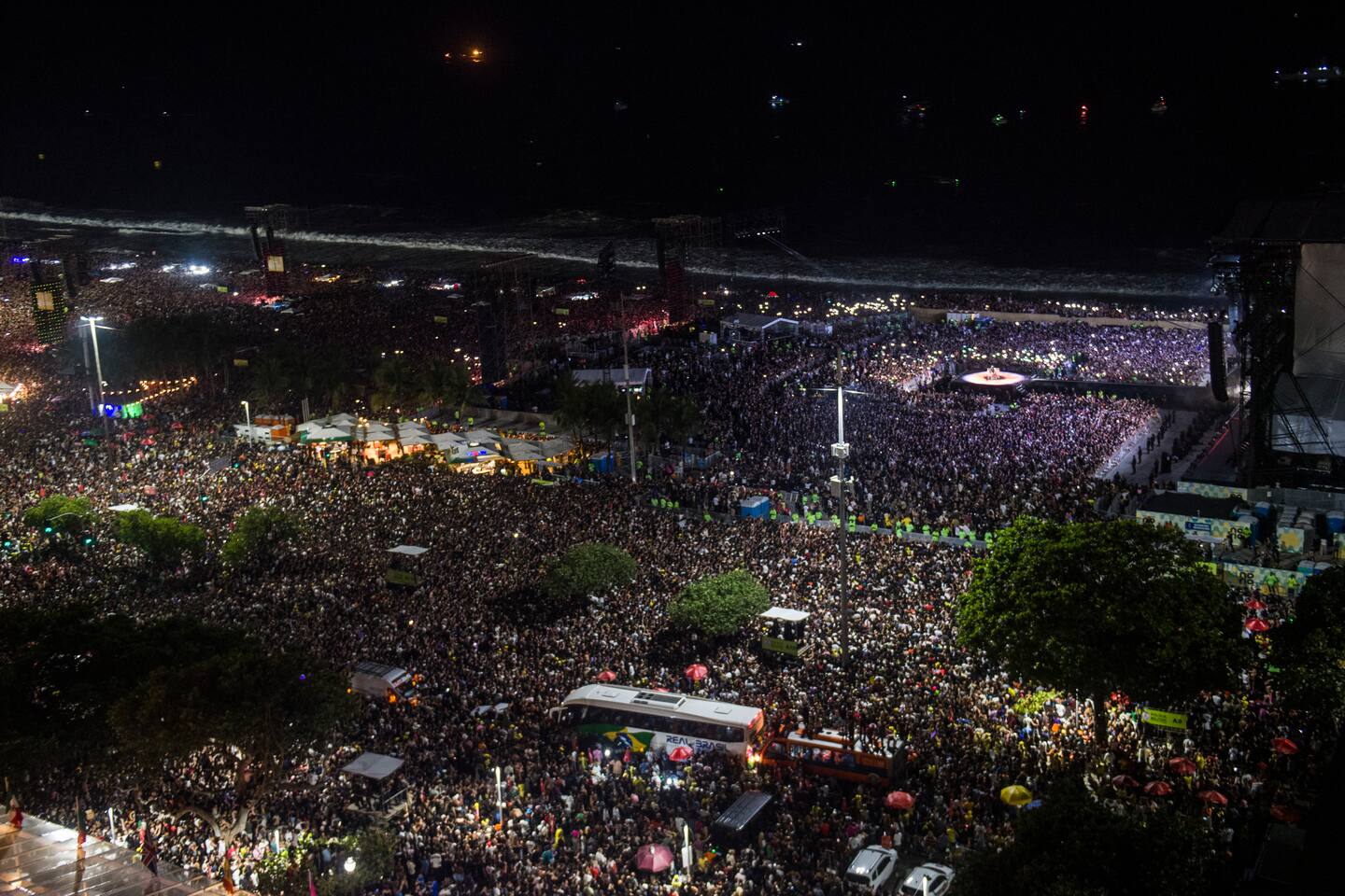 Aerial view of US pop star Lady Gaga performing during a free concert at Copacabana beach in Rio de Janeiro, Brazil. Photo / AFP