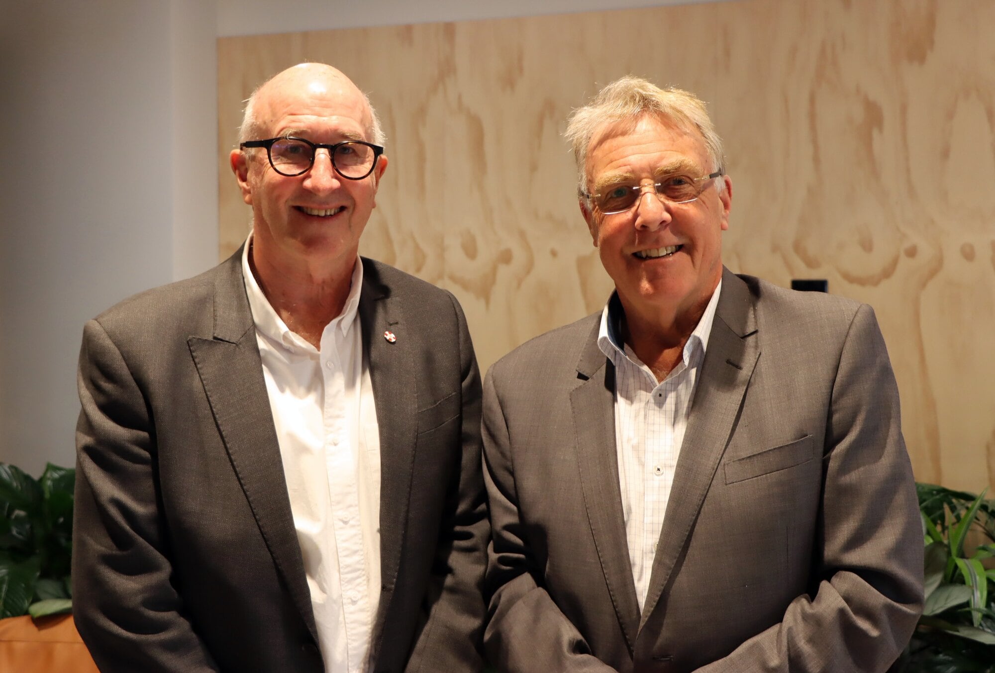 Former TECT chairman Bill Holland and current TECT chairman Mark Arundel at the opening of the new council building, 90 Devonport. Photo / Alisha Evans
