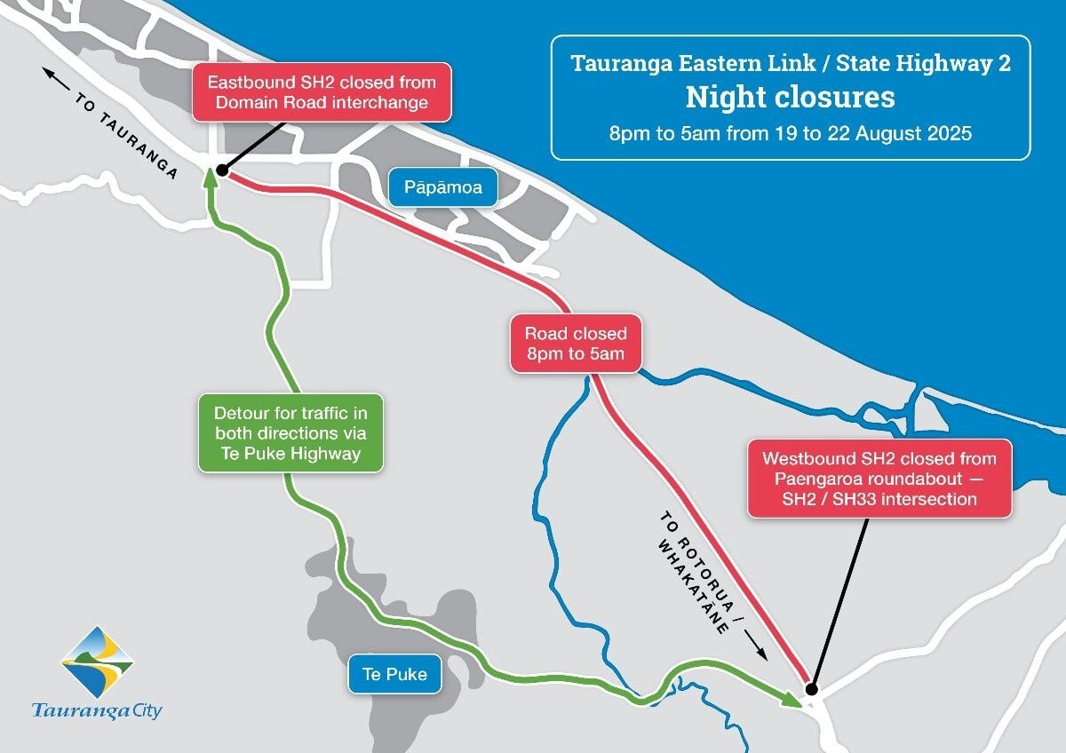A map showing where the closure will be (in red) and the detour route (in green). Photo / Tauranga City Council