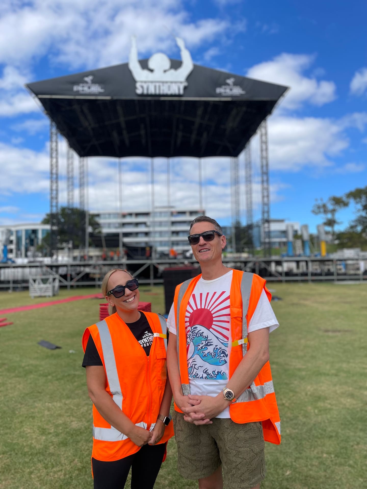 Duco Events' Nicky Wall (left) and David Higgins, in front of the main Synthony stage, under construction at Auckland Domain.