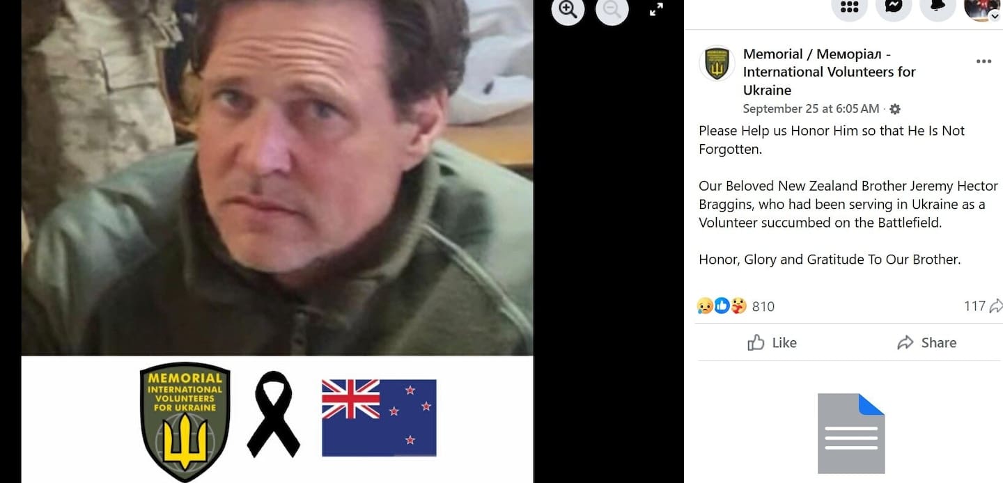 Jeremy Braggins was listed as missing in action since May 2025, then Russian online sites said he was dead, and tributes have been made on Ukrainian sites. Photo / Supplied