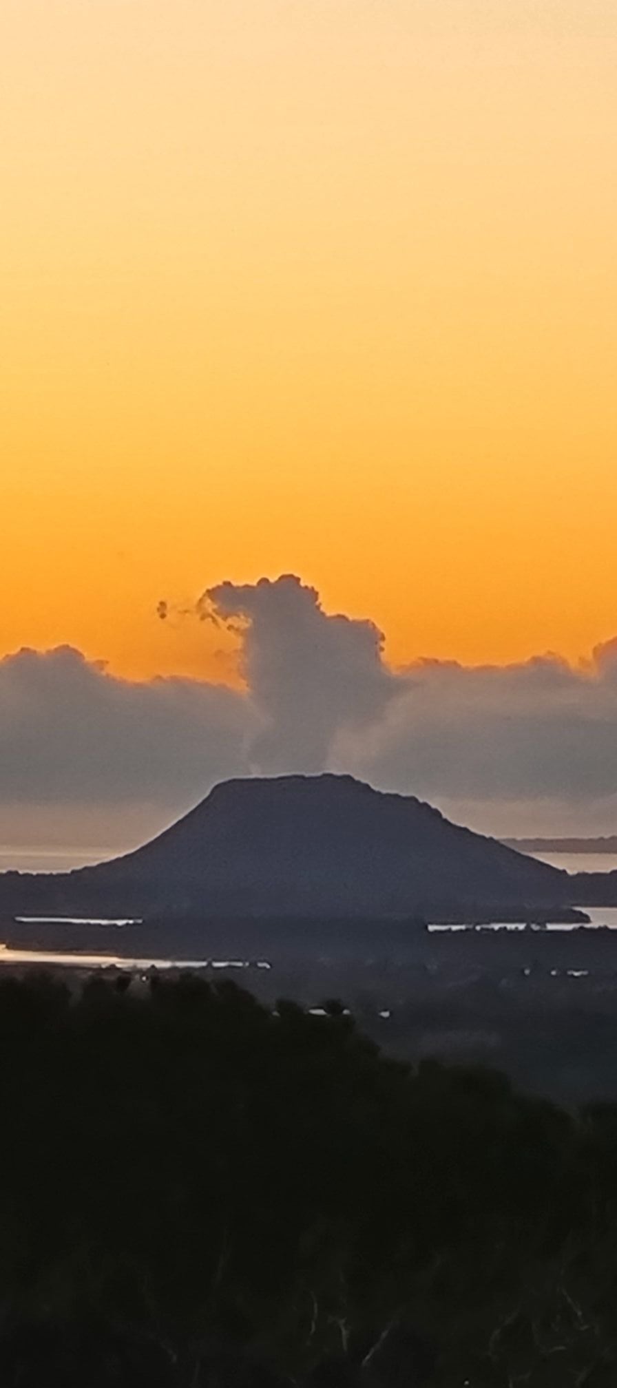 A plume rises above Whakaari/White Island with Mauao in the foreground this morning. Photo / Rachel Dillimore