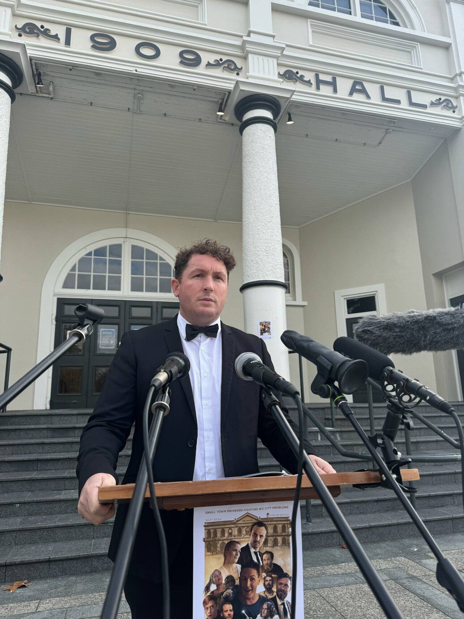  Matt Hicks on the Cambridge Town Hall steps. Photo / Supplied