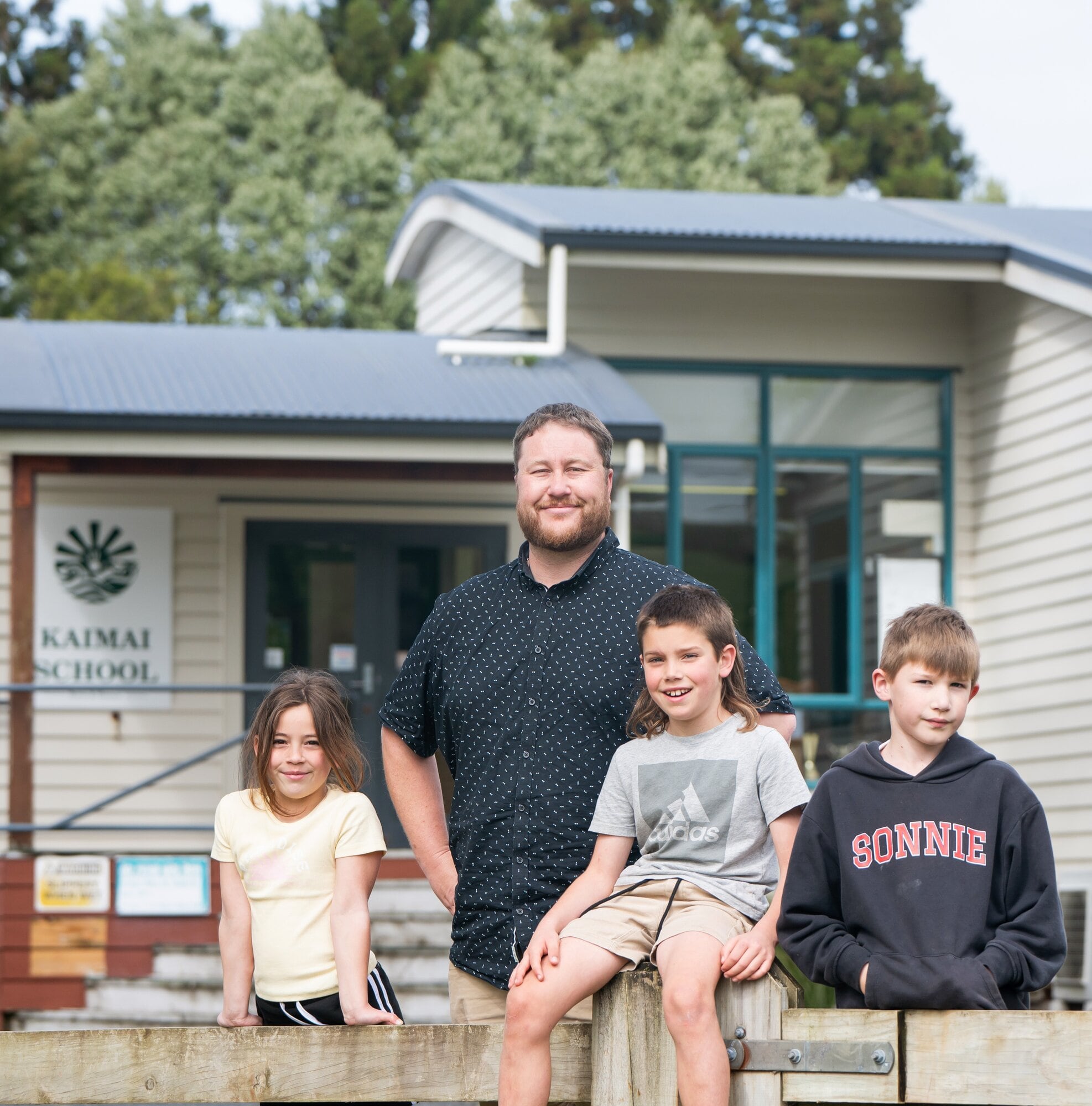Mahlia Meldrum 7, Principal Matthew Jackson, Lincoln Marshall 8 and Edward (Teddy) Jackson 8. Photo / Brydie Thompson
