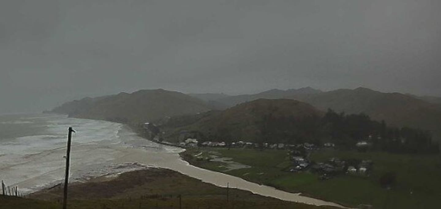 A webcam view of Pourerere Beach at 8.30am on Tuesday morning.