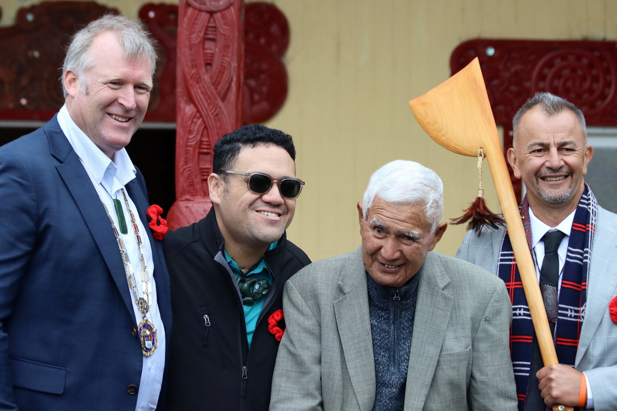 Mayor Mahé Drysdale, Mikaere Sydney, Hauata Palmer and Hemi Rolleston at the pōwhiri on Hangarau Marae. Photo / Alisha Evans