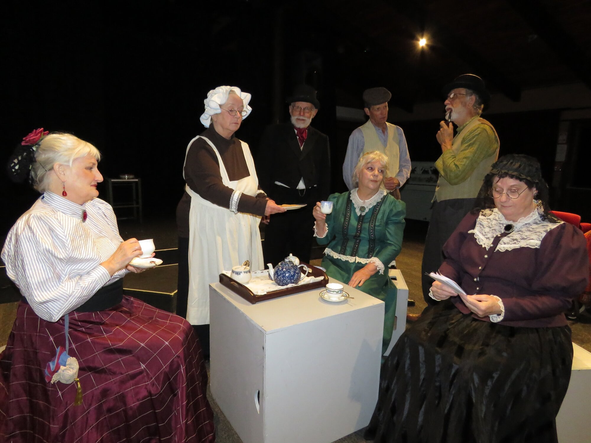  : From left Mary Bell (Julie Thomas), Maid Flora (Jean Eltringham ) and fellow Irish settlers George Vesey Stewart (Norm Guenter), Sam Middlebrook (Ron Thomas), Adela Stewart (Di Logan), William Gray (Barry Magowan) and Grace Fletcher (Eryl Raymond)  in rehearsal. Photo / Merle Cave
