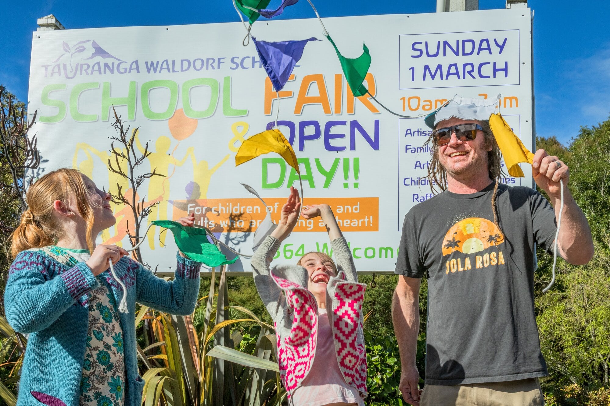 Delilah Julian, 10, Elodie Julian, 8, and their father Michael Julian are looking forward to the Tauranga Waldorf School Fair & Open Day on Sunday, March 1. Photo / Kelly O’Hara