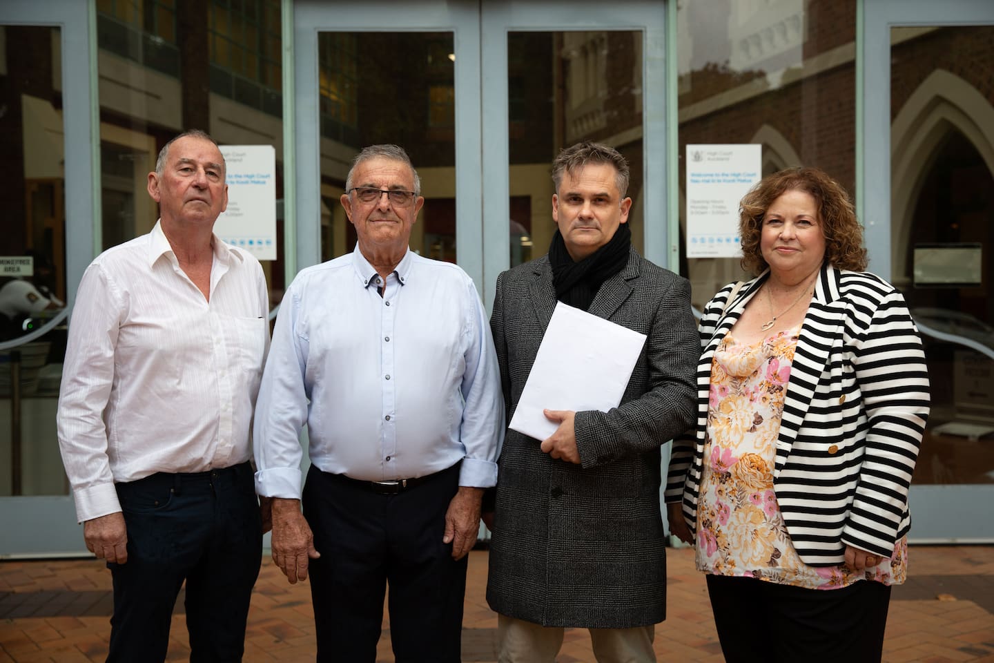 Members of Western Springs Speedway Association, who filed legal papers for a judicial review at the High Court n Auckland today. From left: Chairman Lance Anderson, treasurer Ron Kendall, spokesman Jason Jones, and secretary Susanne Davis. Photo / Sylvie Whinray